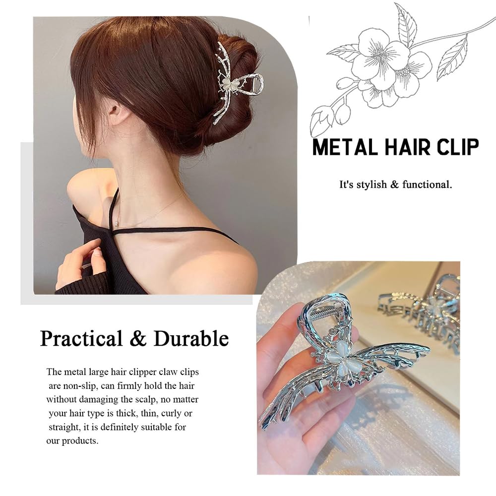 Metal Sliver Cat'S Eyes Stone Butterfly Hair Claw Clips - Cool Style No-Slip Clasp Accessories For Women, Birthday Gift Or Weddi