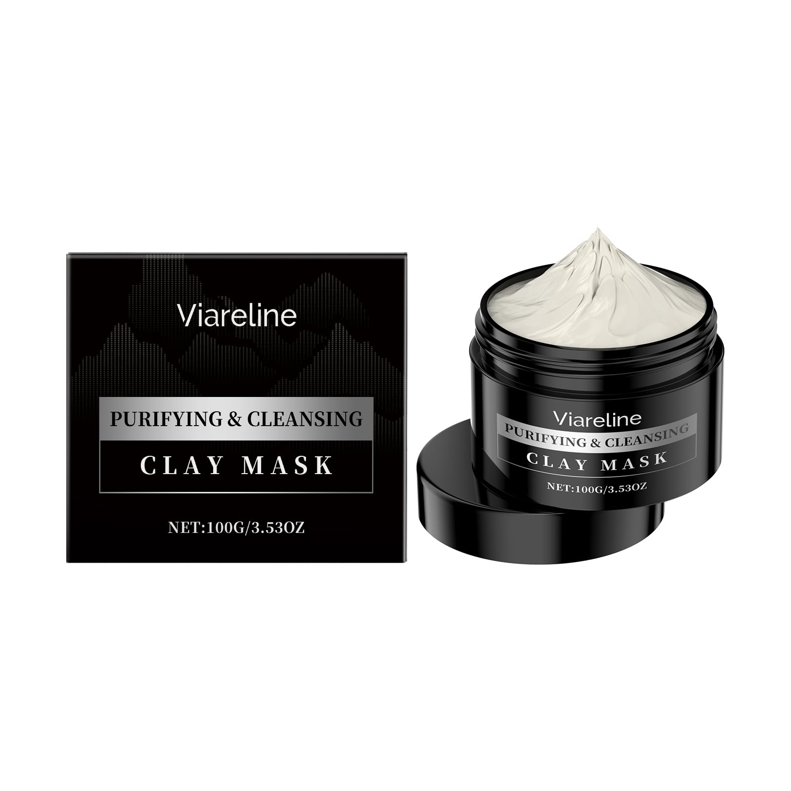 Viareline Purifying & Cleansing Clay Mask with Bentonite, Glycerin, and Aloe Extract, Pore Minimizing, Skin Brightening, 3.53 oz