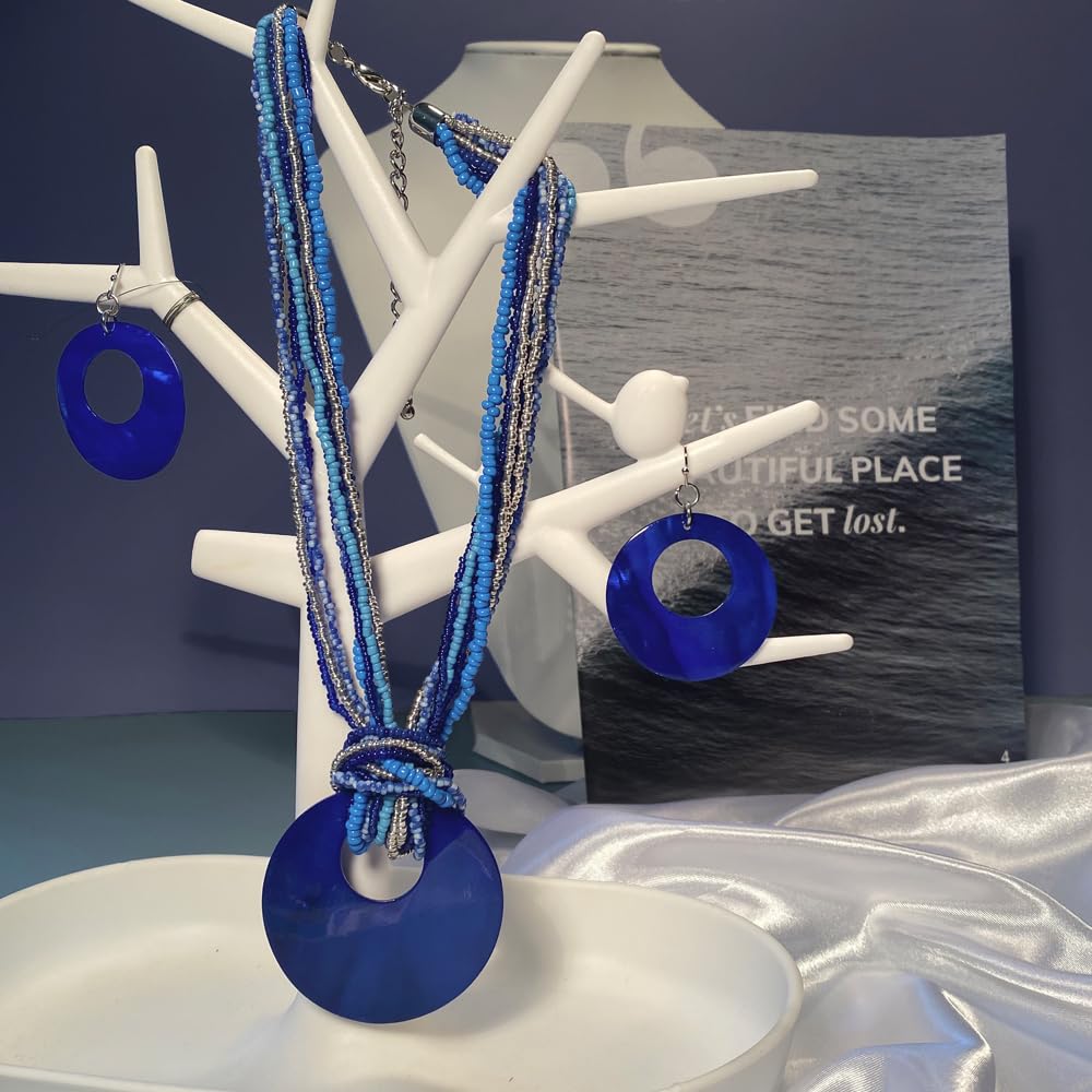 Coiris Multi Strand Statement Colorful Beaded Necklace Earrings Set with Big Circle Shell Pendant for Women (N0055-Royalblue)