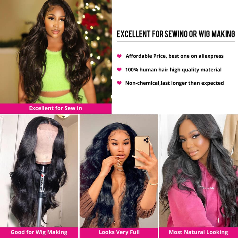 Body Wave Bundles with Lace Frontal (16 18 20 22+14,Natural Black) Human Hair 4 Bundles with 13x4 Free Part Ear to Ear Lace Clos