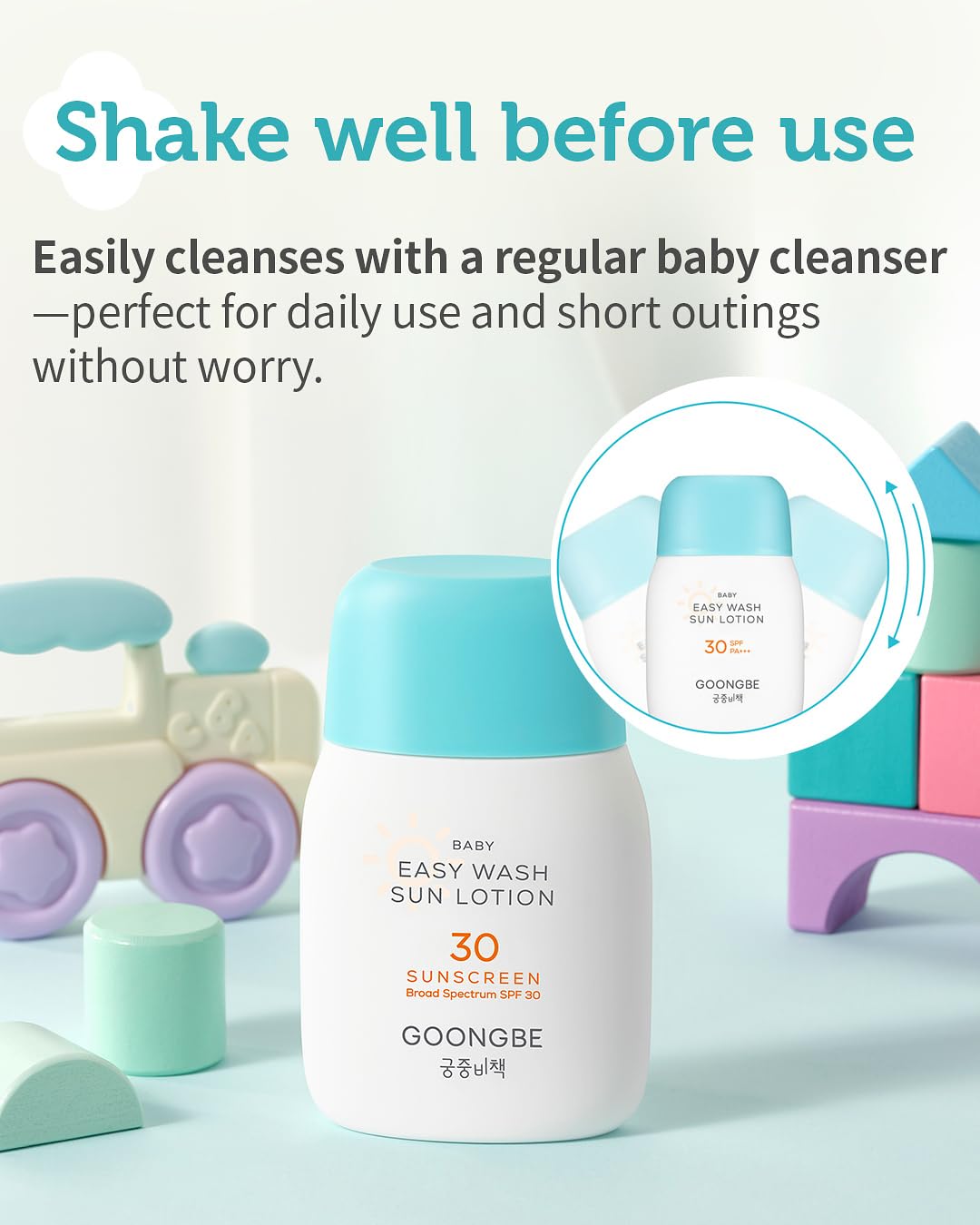 GOONGBE Baby Easy Wash Sun Lotion SPF 30 - Korean Moisturizing Zinc Oxide Mineral Sunscreen for Babies and Kids - Washes Off Eas