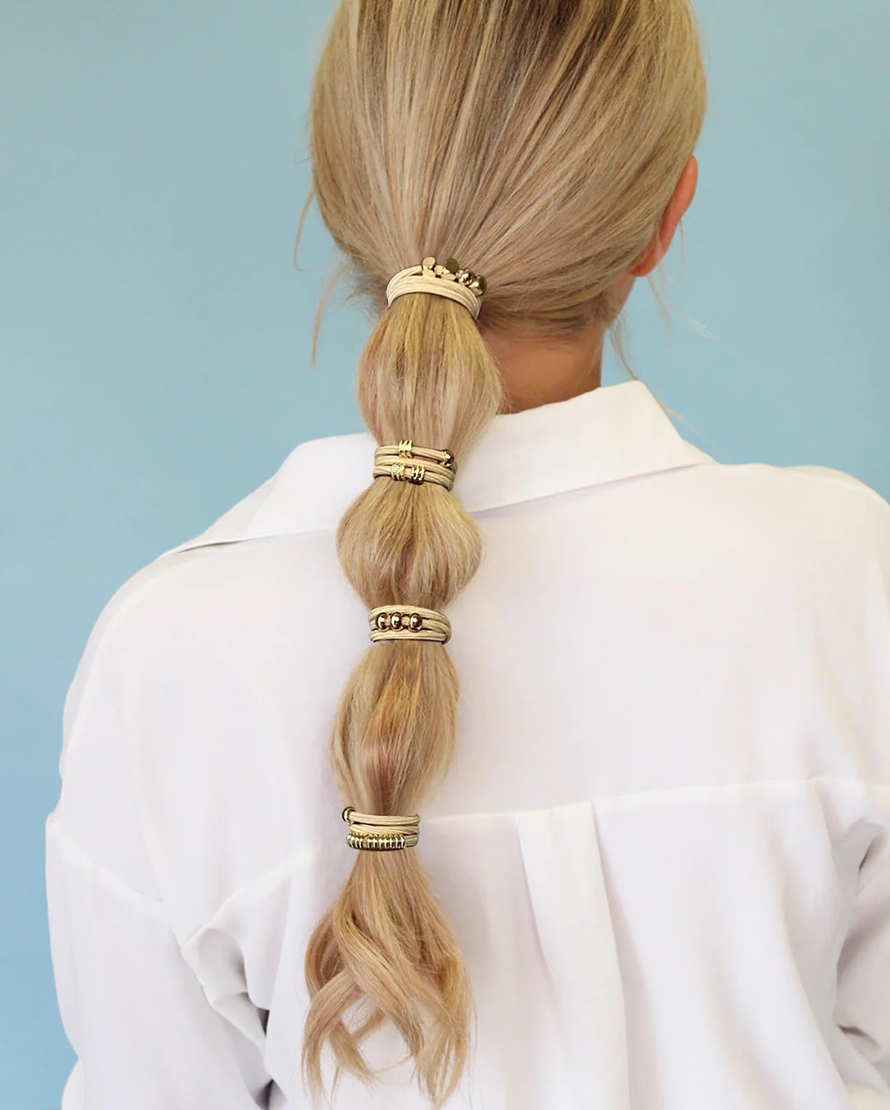 Blonde Boho Hair Ties Bracelet, Cute Ponytail Holders With Gold Bead Jewelry For Women, Trendy Elastic Hair Accessories For Thic
