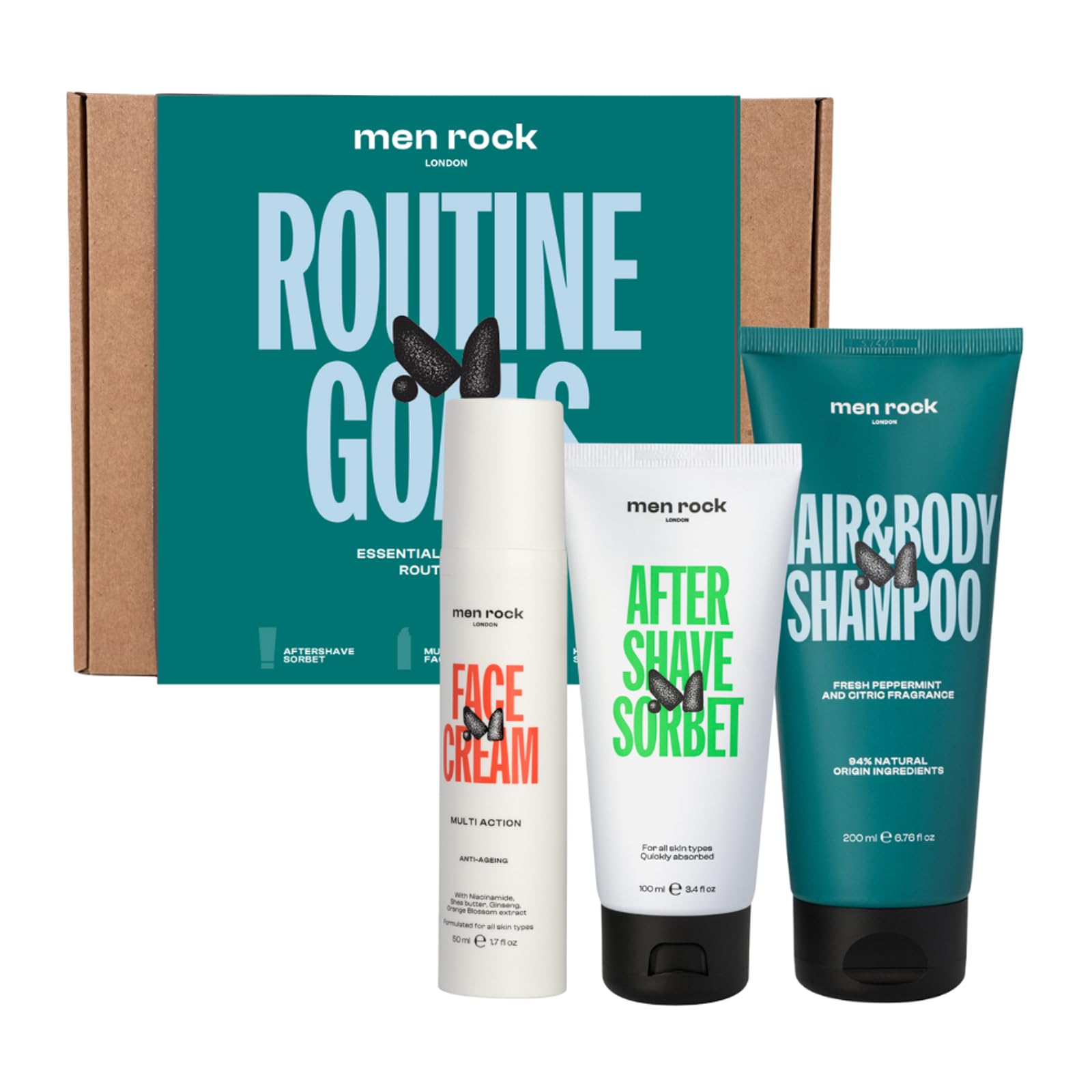 Routine Goals Essential Grooming Kit by Men Rock for Men - 3 Pc 3.4oz After Shave Sorbet, 1.7oz Multi-Action Face Cream, 6.76oz 