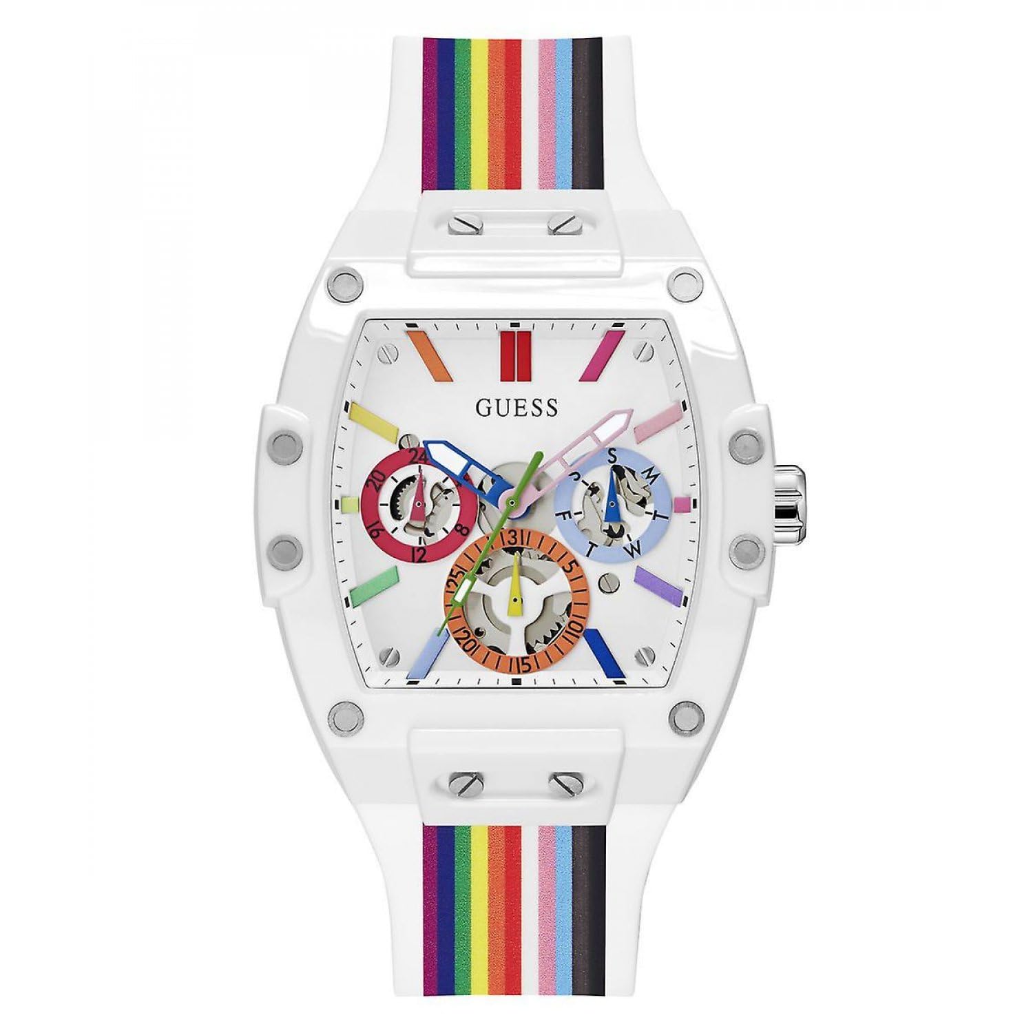 Guess Analog Watch For Man With White Rectangle Dial & Multicolor Silicone Strap Band Water Resistant MenS Wrist Watches  Gw07