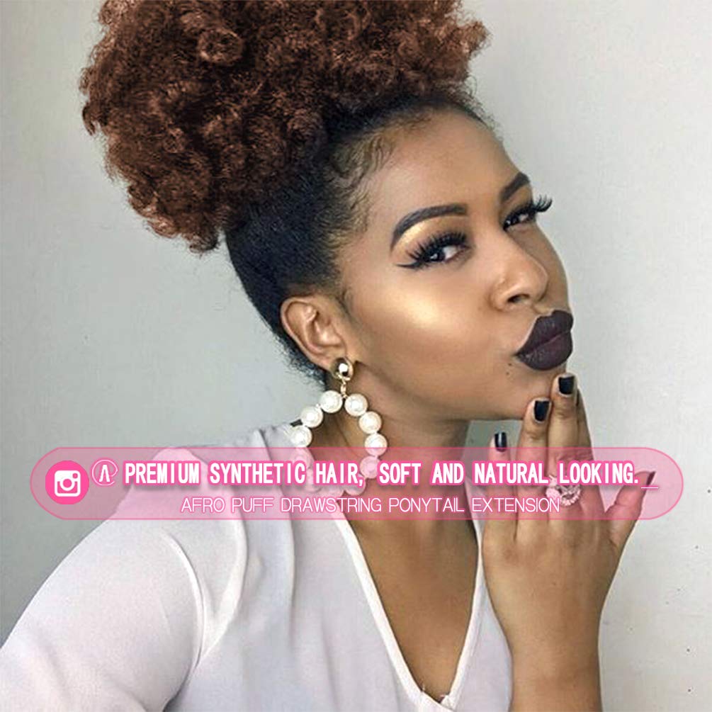 Rosmile Afro Puff Drawstring Ponytail Extension For Black Women, Premium Medium Brown #4 80 Gram Short Synthetic Afro Puff Ponyt