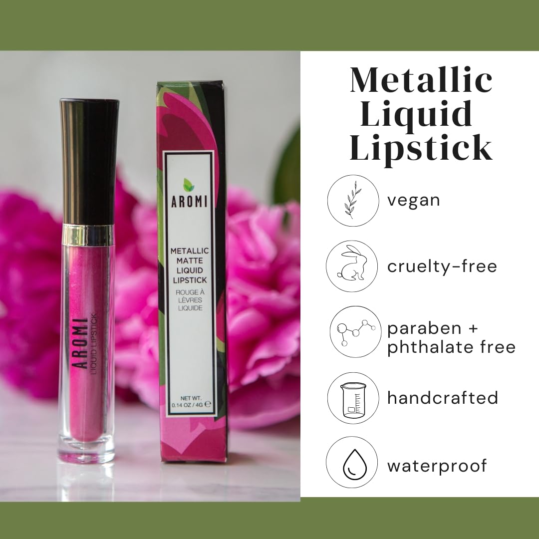 Aromi Hot Pink Metallic Liquid Lipstick | Magenta Lip Color With Shimmery Finish, Vegan, Cruelty-Free, Long-Lasting And Smudge P