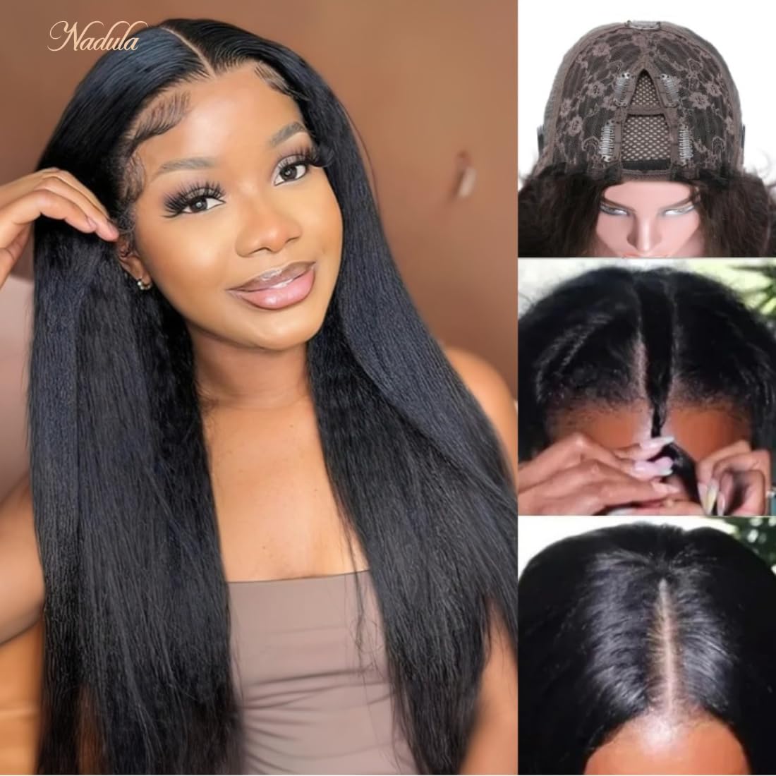 Nadula V Part Wig Yaki Straight Human Hair No Leave Out Glueless Upgraded U Part Wigs For Women,10A Yaki Straight V-Part Wigs V