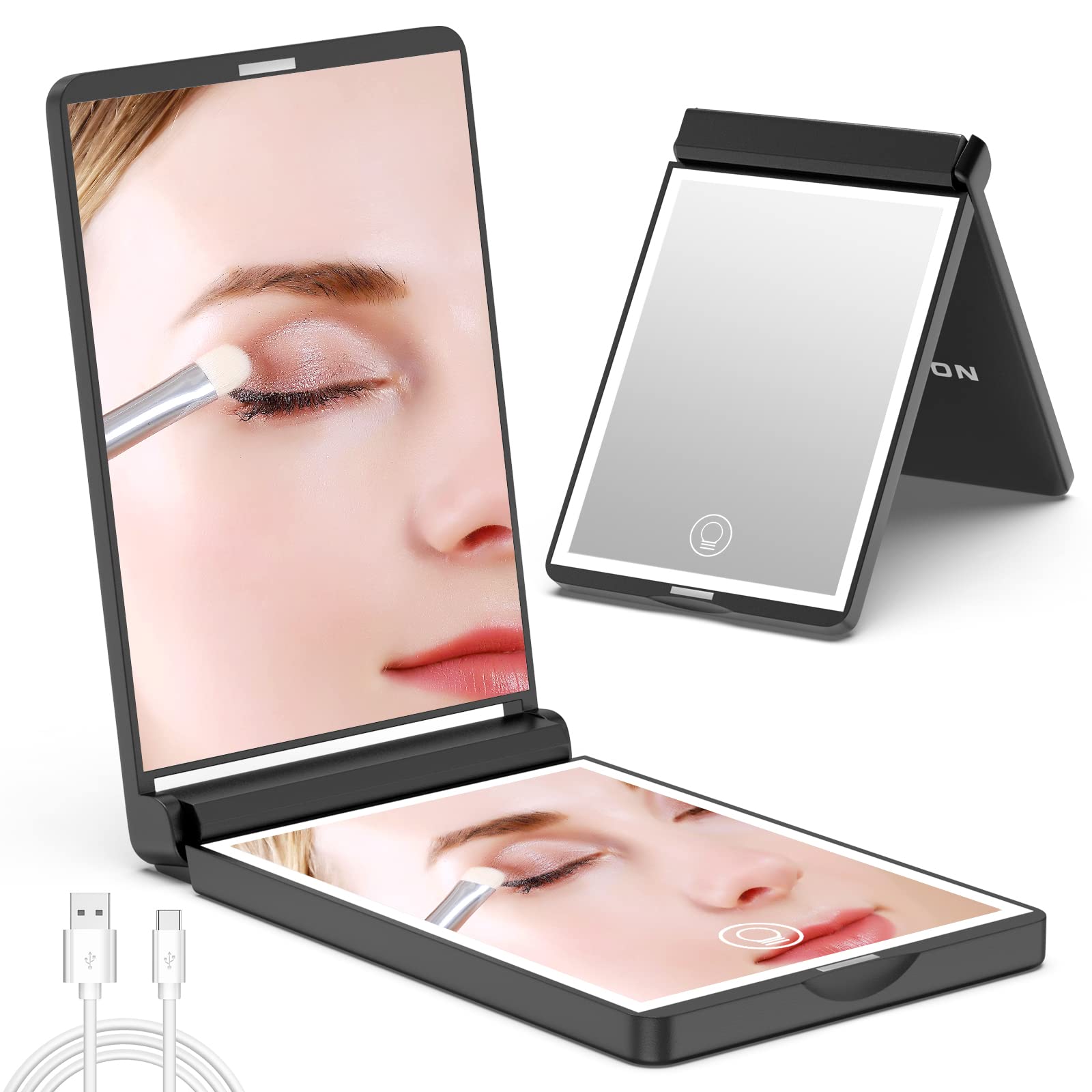 Wobsion Travel Mirror With Light, Rechargeable Lighted Compact Mirror, 1X/3X Magnifying Mirror With 23 Leds,300   Flip Folding P