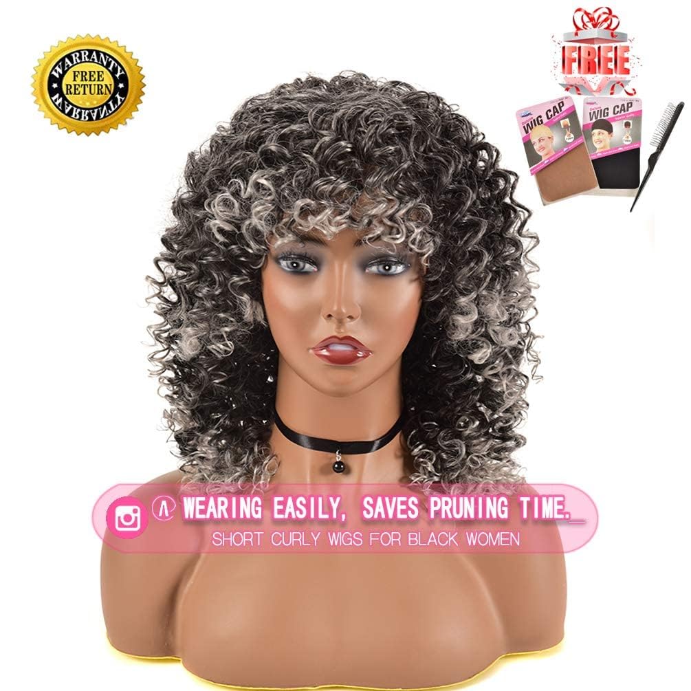 Rosmile Curly Wigs For Black Women - Ombre Gray Synthetic African American Full Kinky Curly Afro Hair Wig With Bangs