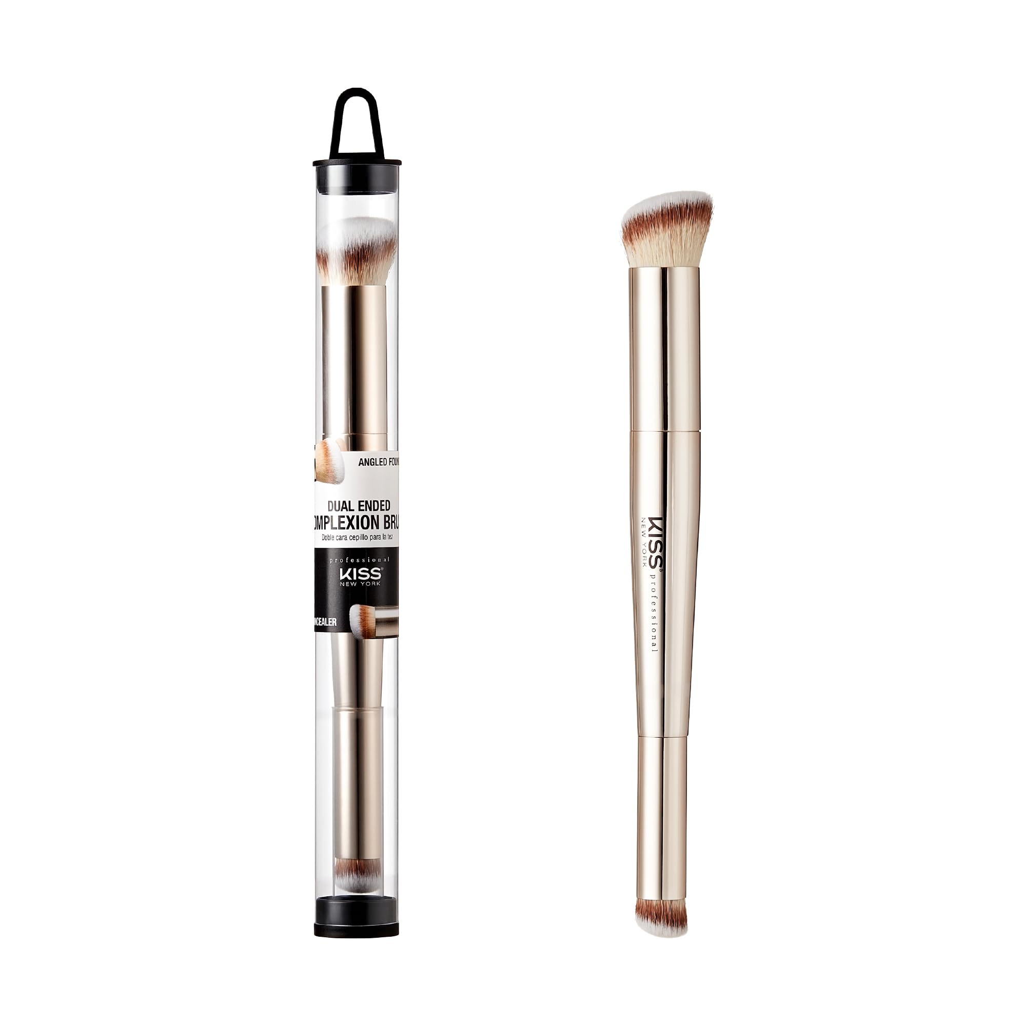KISS NEW YORK Professional Dual Ended Complexion Brush for Blending and Even Application, Angled Sculpting Applicator for Concea