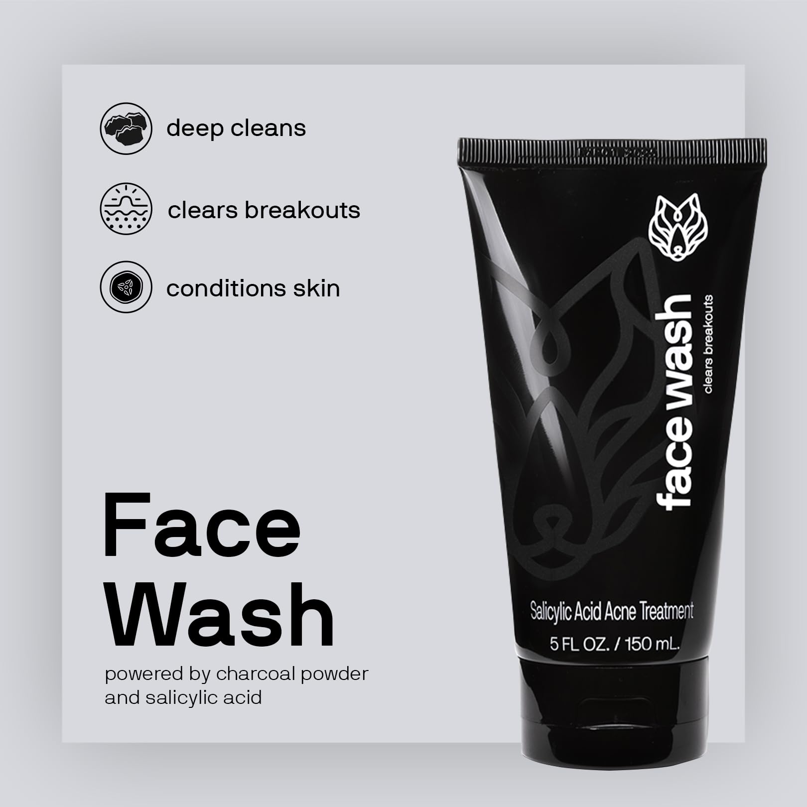 Black Wolf Mens Charcoal Powder Face Wash, 5 Fl Oz - Facial Cleanser Removes Unwanted Impurities from Your Skin and Soothes Irri