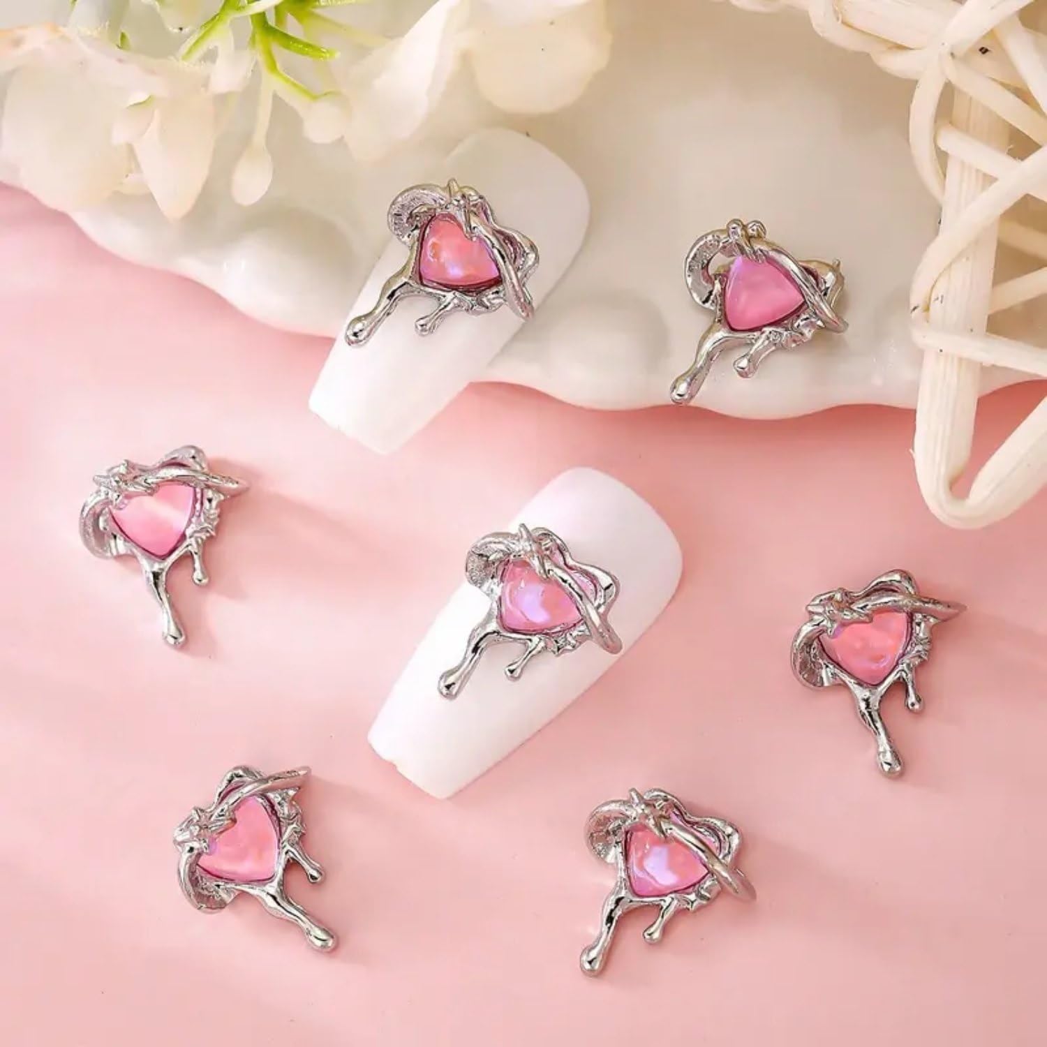 Valentine'S Day Nail Charms 3D Alloy Heart Nail Art Jewelry Charms 10Pcs Pink Love Heart Designs Nail Rhinestones Gems Hearts Cr