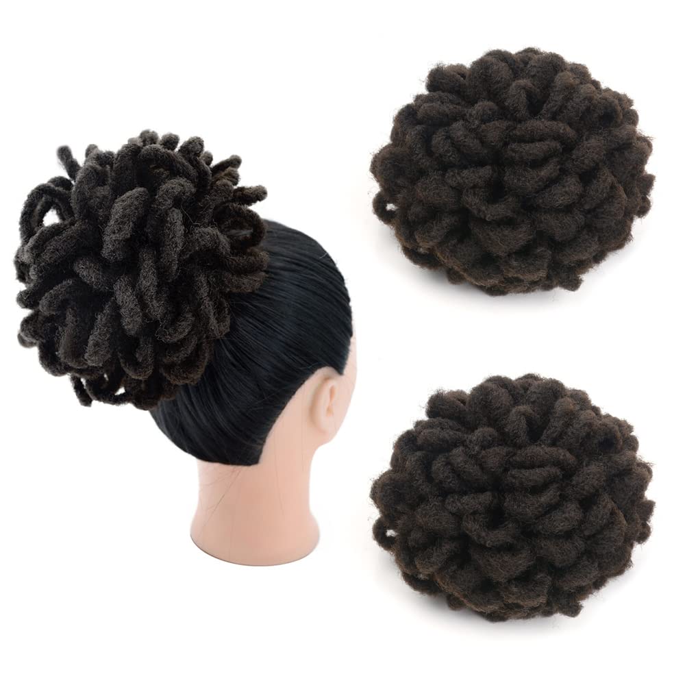 KGBFASS 2Pcs Loc Ponytail Drawstring Locs Petal Bun Dreadlock Ponytail Braided Faux Locs Bun Clip in on Braids Afro Puffs Pony T