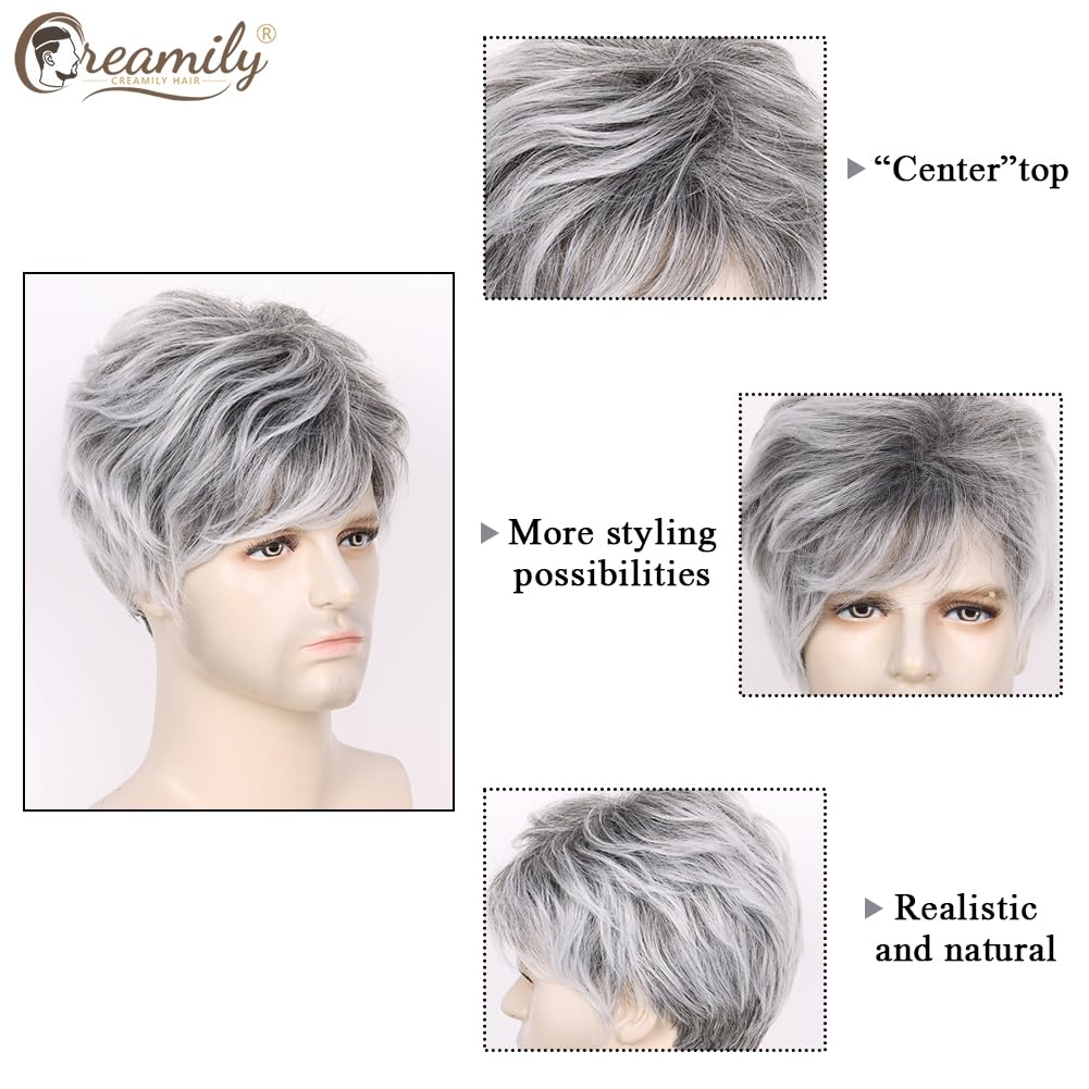 Creamily Mens Wigs Short Synthetic Layered Party Hair Full Wig For Male Guy Short Grey White Mix Black Wigs For Men
