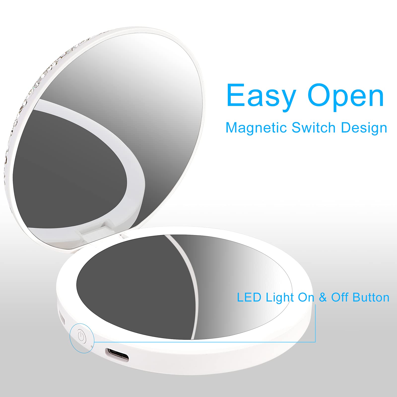 Qearfun Luxurious Rhinestone Led Lighted Compact Mirror,Bling Portable Travel Makeup Mirrors,3.5 Inch Rechargeable Mini Magnifyi