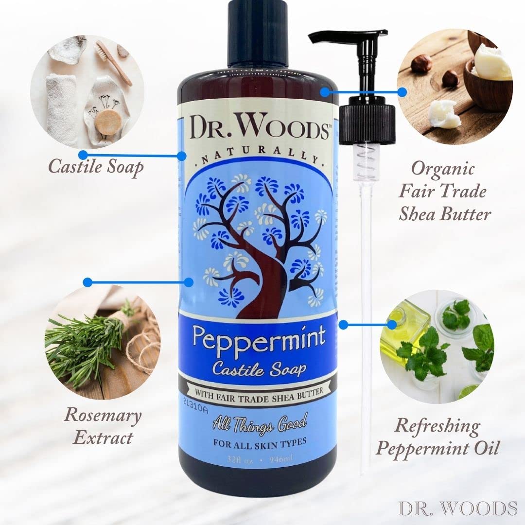 Dr. Woods Peppermint Castile Soap with Organic Shea Butter and Pump, 32 Ounce