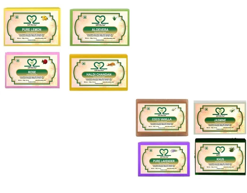 S2M Herbal Signature Handmade Soap Collection Set - 8 Assorted Natural Bath Bars (125G Each) | Essential Oil Infused Gift Pack |