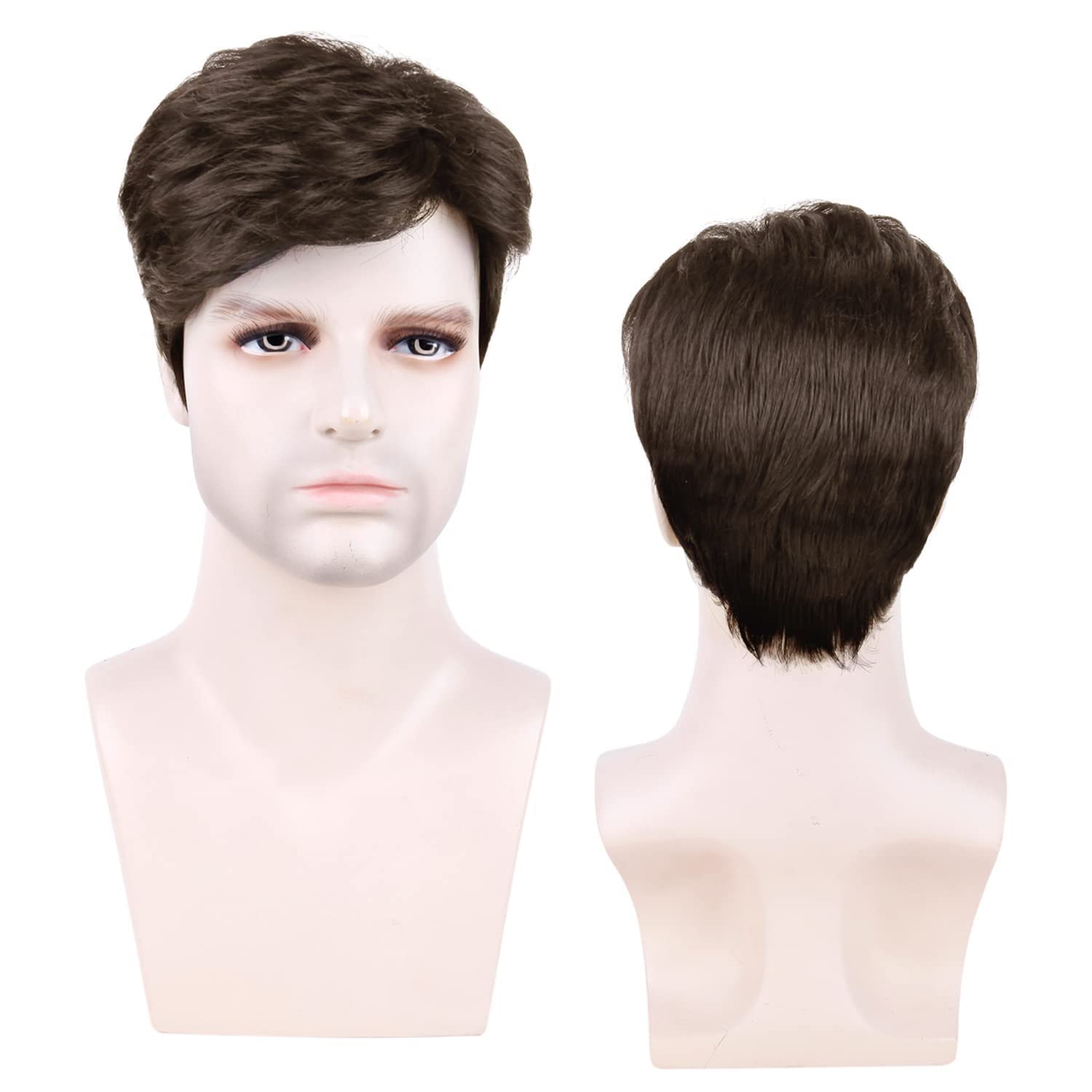 Creamily Mens Short Brown Wig Mens Curly Wigs Layered Natural Fluffy Synthetic Hair Wig Heat Resistant Halloween Costume Cosplay