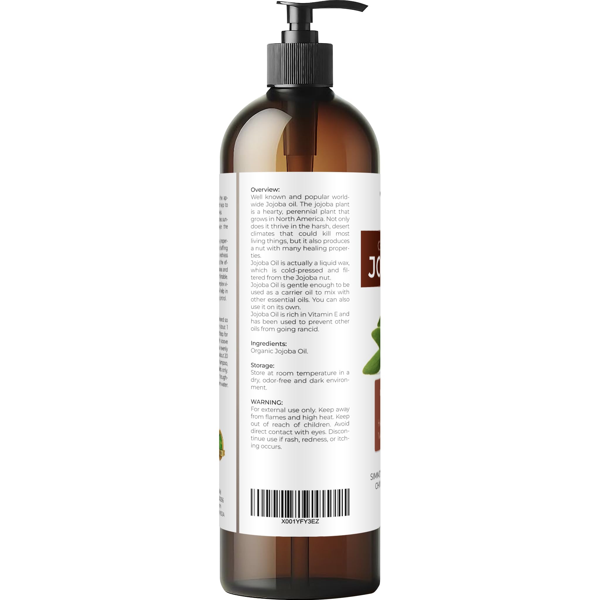 Velona Organic Jojoba Oil 8 Oz - 100% Pure, Unrefined Cold Pressed For Face, Hair, Body, Acne Prone Skin Care, Stretch Marks & C