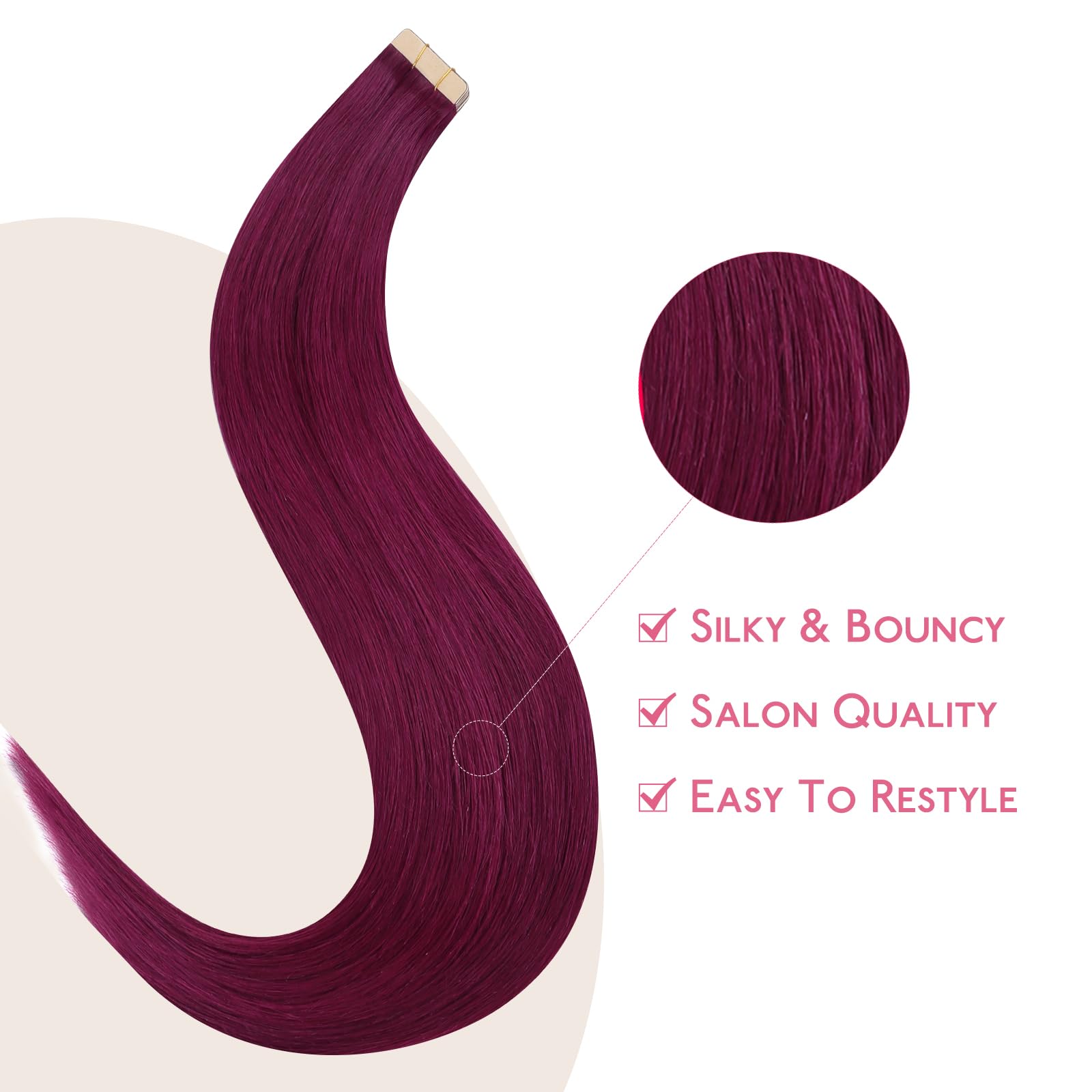 Wennalife Tape In Hair Extensions Human Hair Light Burgundy Tape In Extensions, 10Pcs 25G 18 Inch Remy Invisible Tape Ins Straig
