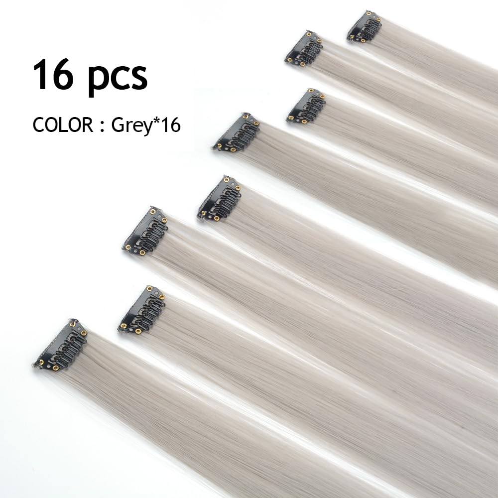 Kgbfass Grey Hair Extensions 20Inch One Color Clip In On Hairpieces Straight Halloween Cosplay Christmas Party Highlights Synthe