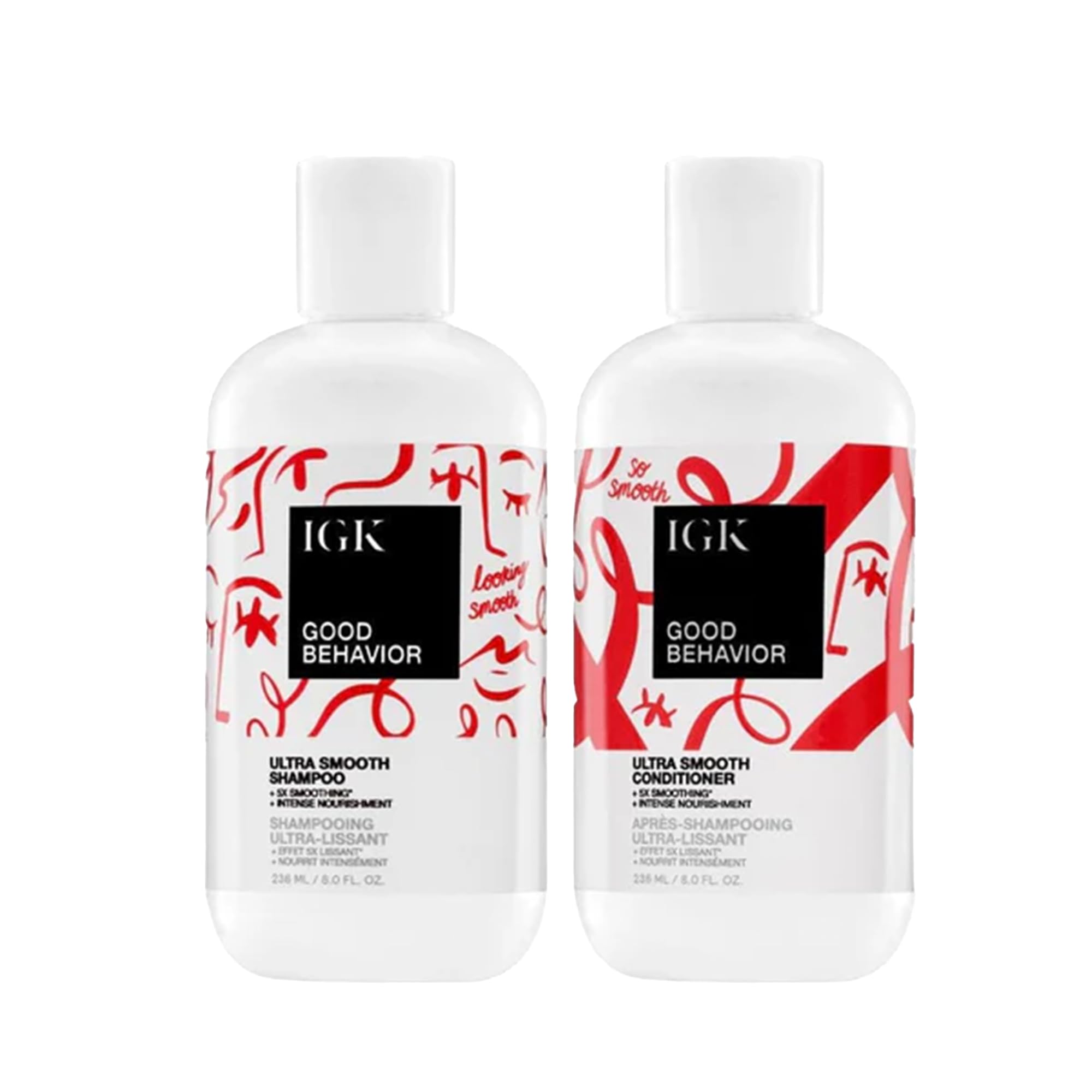 IGK GOOD BEHAVIOR Ultra Smooth Shampoo and Conditioner Set (8 Oz) + Bonus Travel Size Packettes | Volume + Thickening | Vegan + 