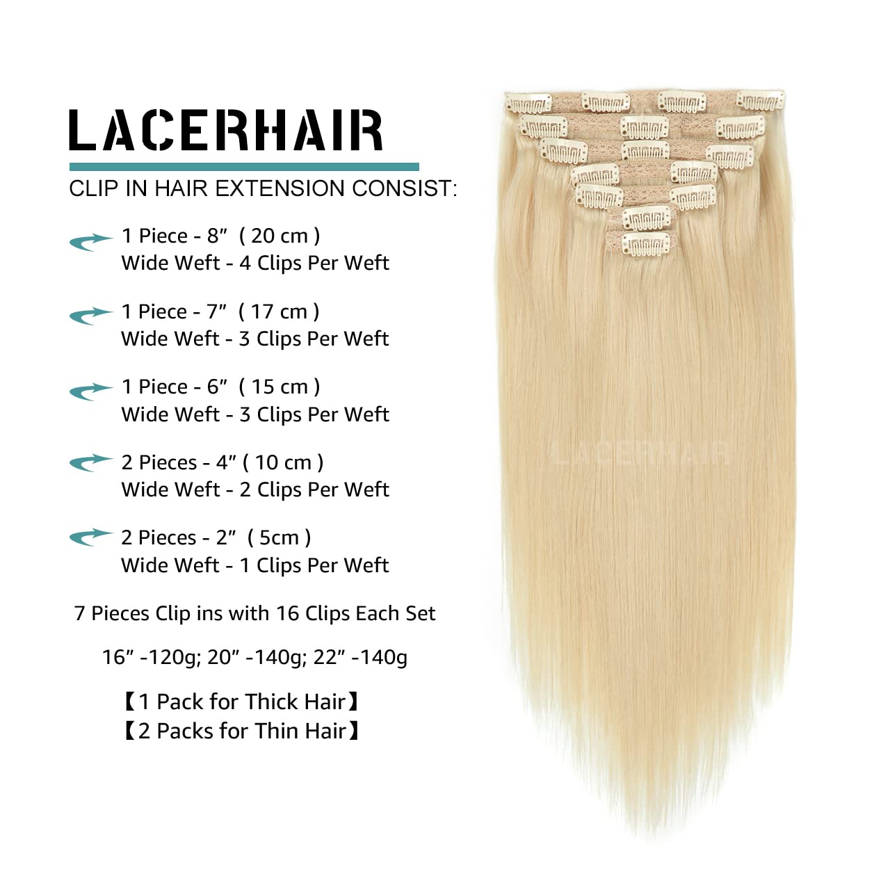 Lacer 22 Inch Full Head Silky Straight 100% Human Hair Clip In Extensions Light Platinum Blond #60A 7Pieces 140G Double Weft Ext