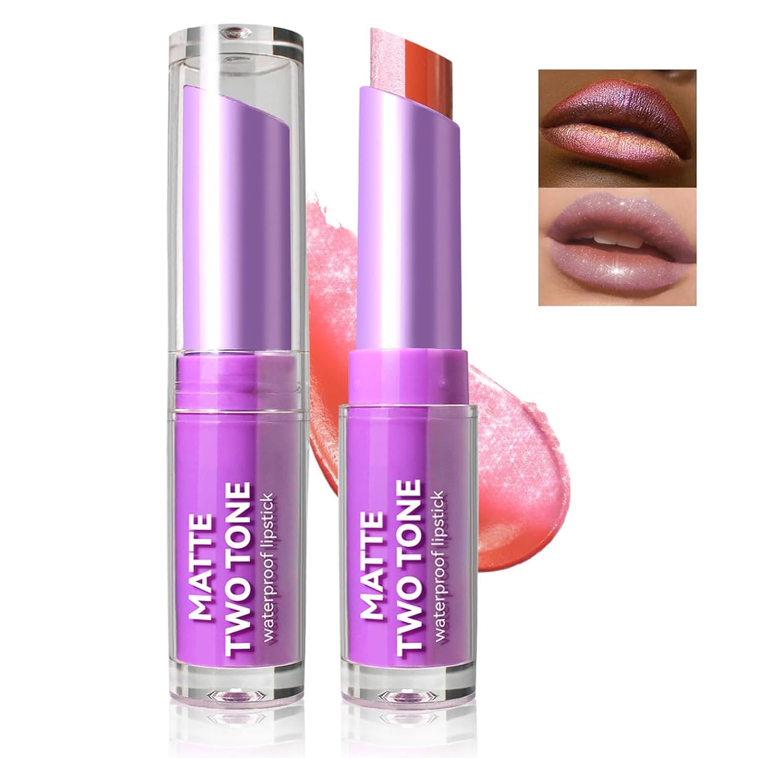 Easilydays Glitter Matte Lipstick, 2 In 1 Two Tone Waterproof Lip Gloss, Sparkling High Pigment Longlasting Smudgeproof Non-Stic