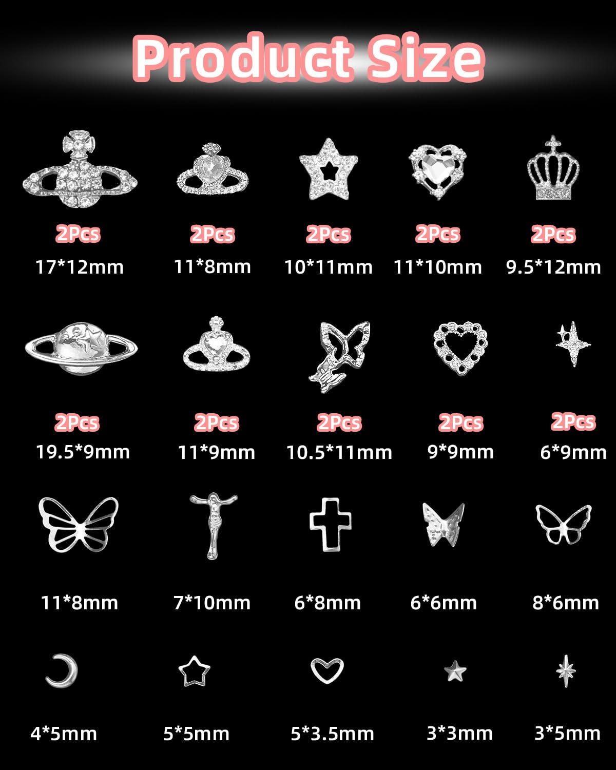 520 Pcs Silver Nail Charms And Metal Rivet Nail Art Studs, 20 Pcs Star Heart Crown Planet Butterfly Cross Nail Gems And Charms,