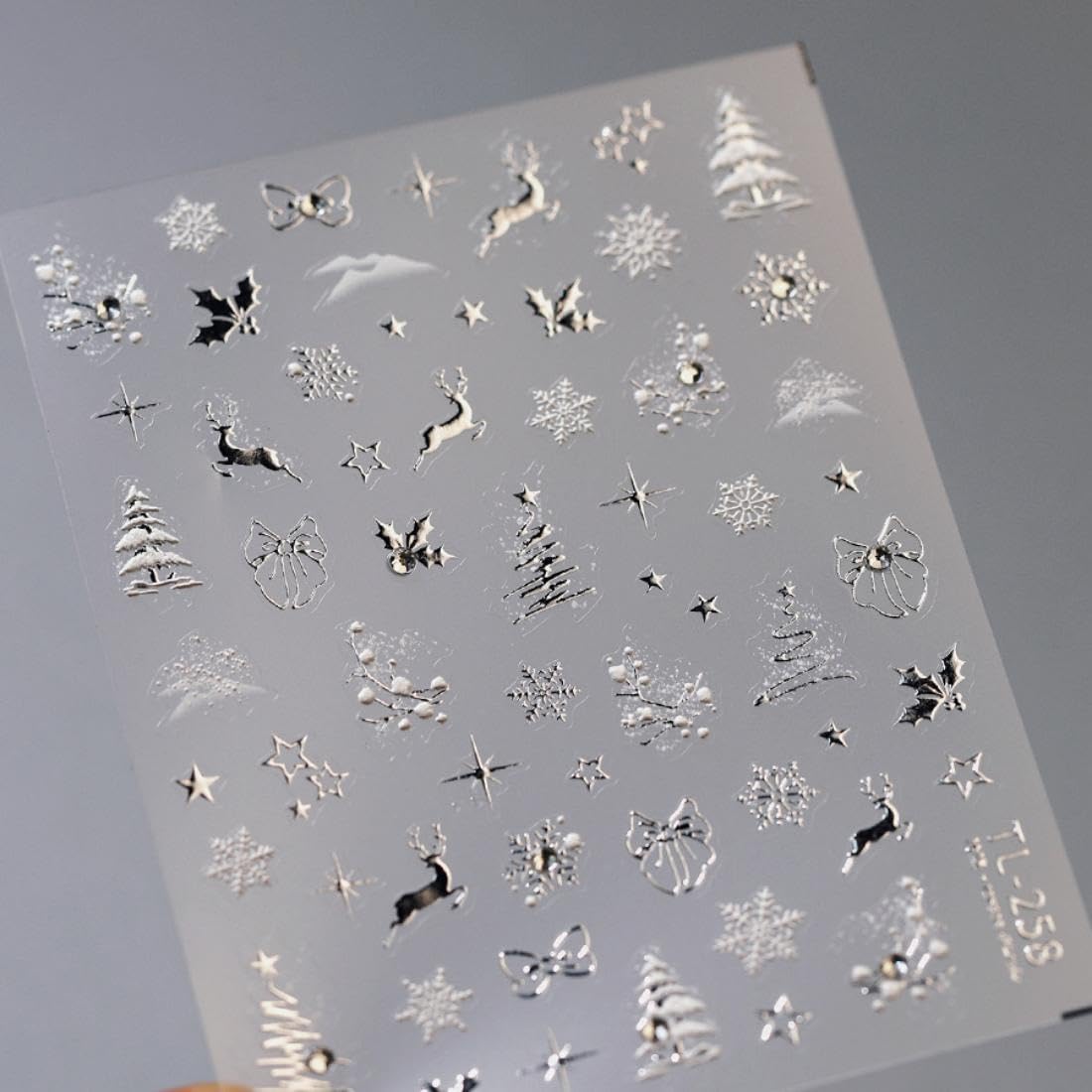 Christmas Nail Art Stickers 5D Embossed Silver Elk Nail Stickers Self-Adhesive Rhinestone Snowflake Bow Xmas Tree Star Elk Nail