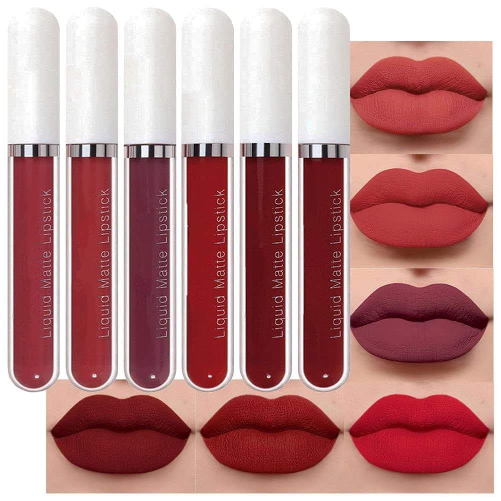 Evpct Cmaadu 6Pcs Lipstick Matte Liquid Lipstick Lipgloss Set For Women, Dark Deep Bright Ruby Sexy Brick Red Mauve Labiales Mat
