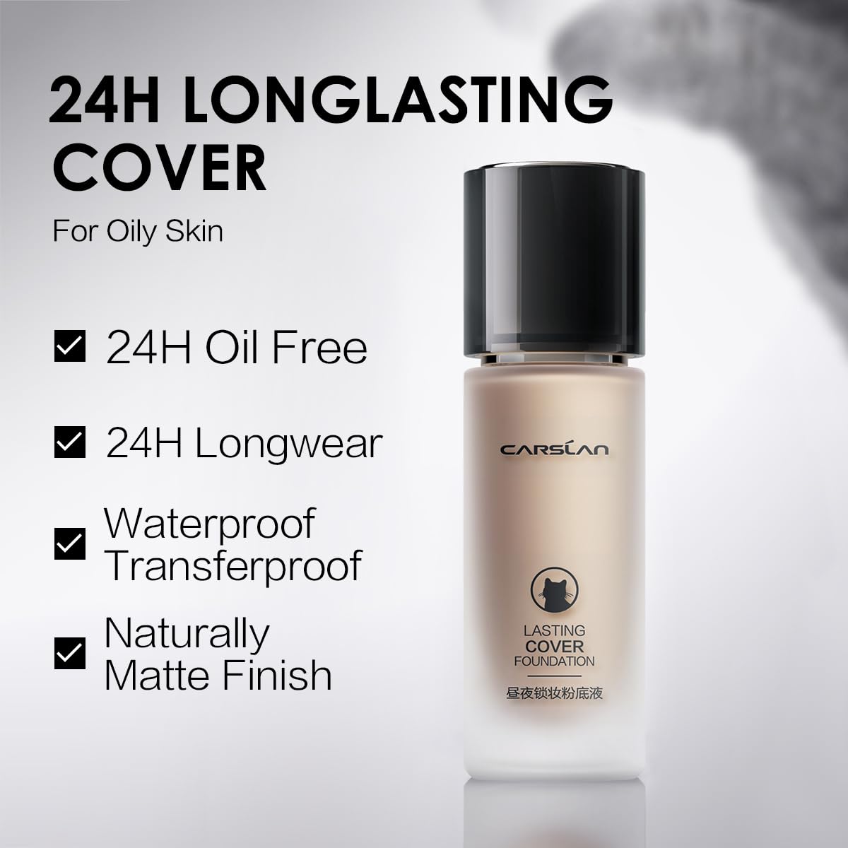 Carslan Lasting Cover Foundation, 24H Longlasting Full Coverage Matte Finish Face Makeup, Poreless, Lightweight, Waterproof, Oil