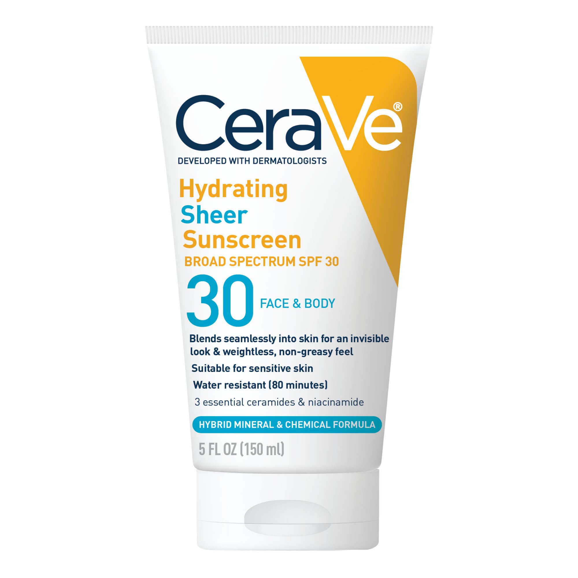 CeraVe Hydrating Sheer Sunscreen SPF 30 for Face and Body, Mineral & Chemical Sunscreen with Zinc Oxide, Hyaluronic Acid, Niacin