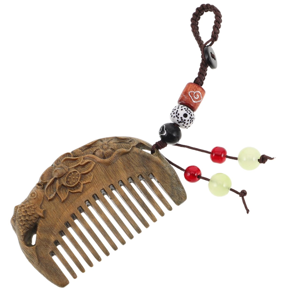 TOVINANNA Sandalwood Hair Comb Mini Portable Travel Comb with Carved Lotus and Fish Pattern Pocket size Wood with Hanging Cord f