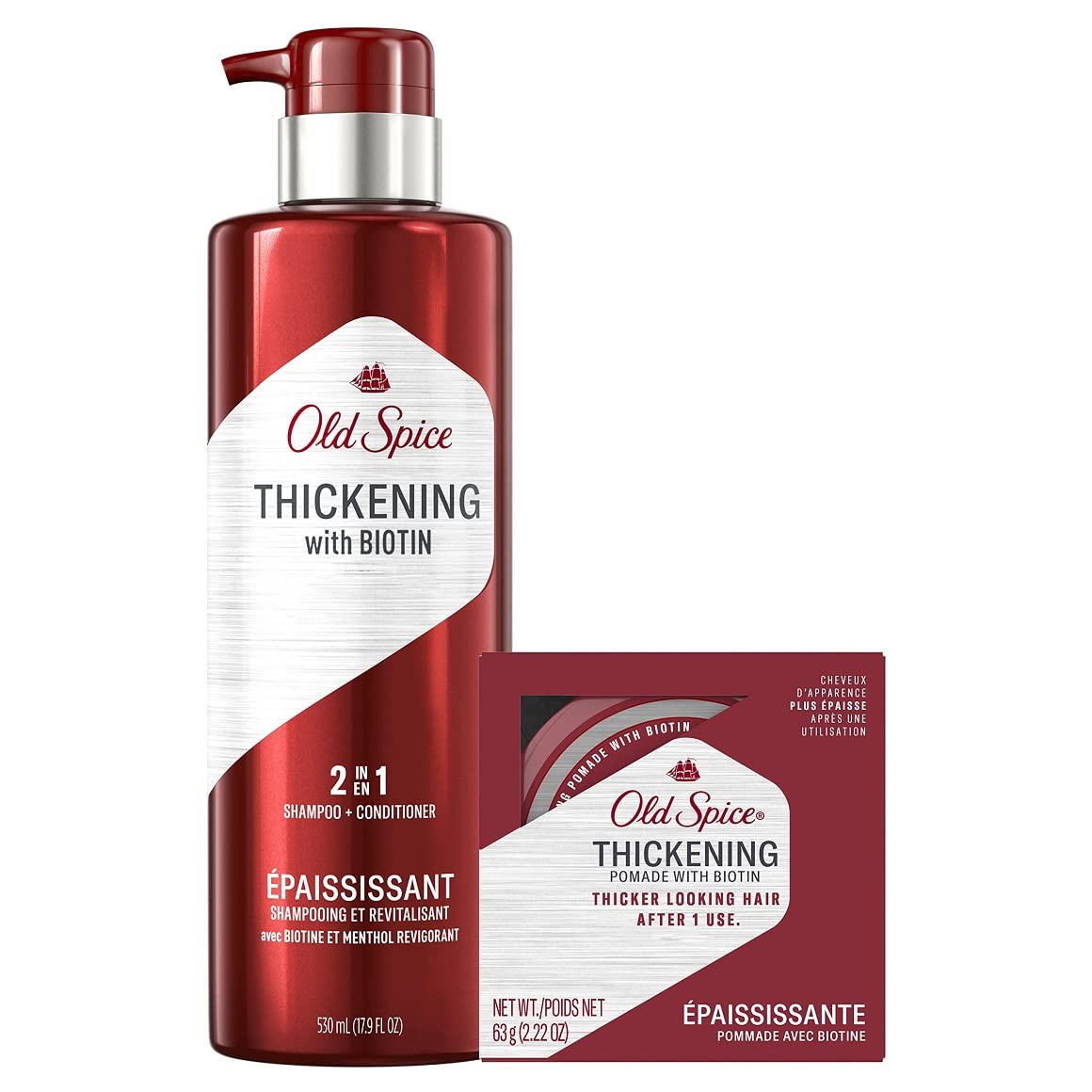 Old Spice Mens Thickening 2in1 Shampoo and Conditioner with Biotin and Menthol (17.9 Fl Oz) & Thickening Styling Pomade Infus
