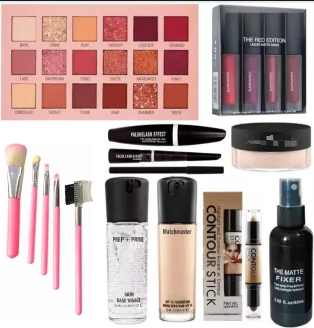 Justtya AllInOne Makeup Kit Combo Set For Women  Eyeshadow Palette, Liquid Matte Lipstick Set, Foundation, Primer, Face Powde