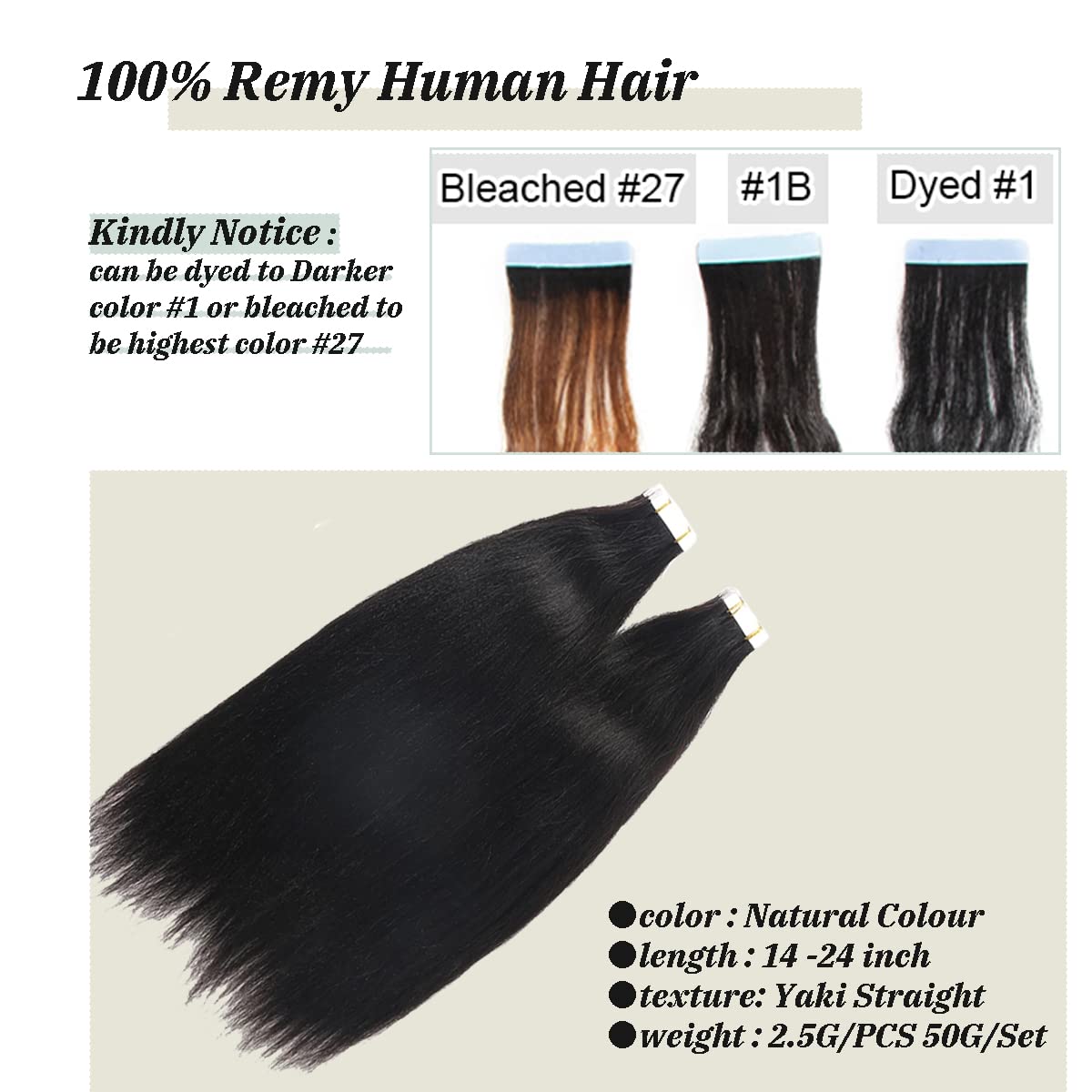 Yaki Straight Tape In Hair Extensions Human Hair Light Yaki Skin Weft Tape In Extensions Human Hair #1B Natural Color Yaki Strai