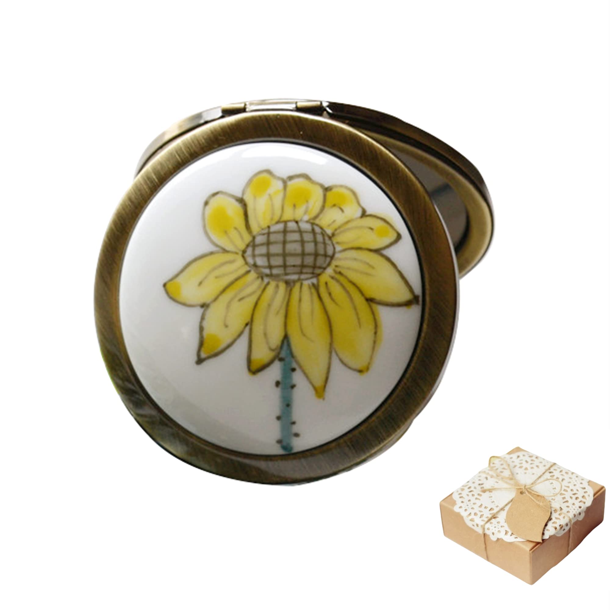 Roseward High End Sunflower Compact Mirror For Purses Hand Painted 1 X /2 X Magnifying Copper Round Hand Mirror Unique Gifts For