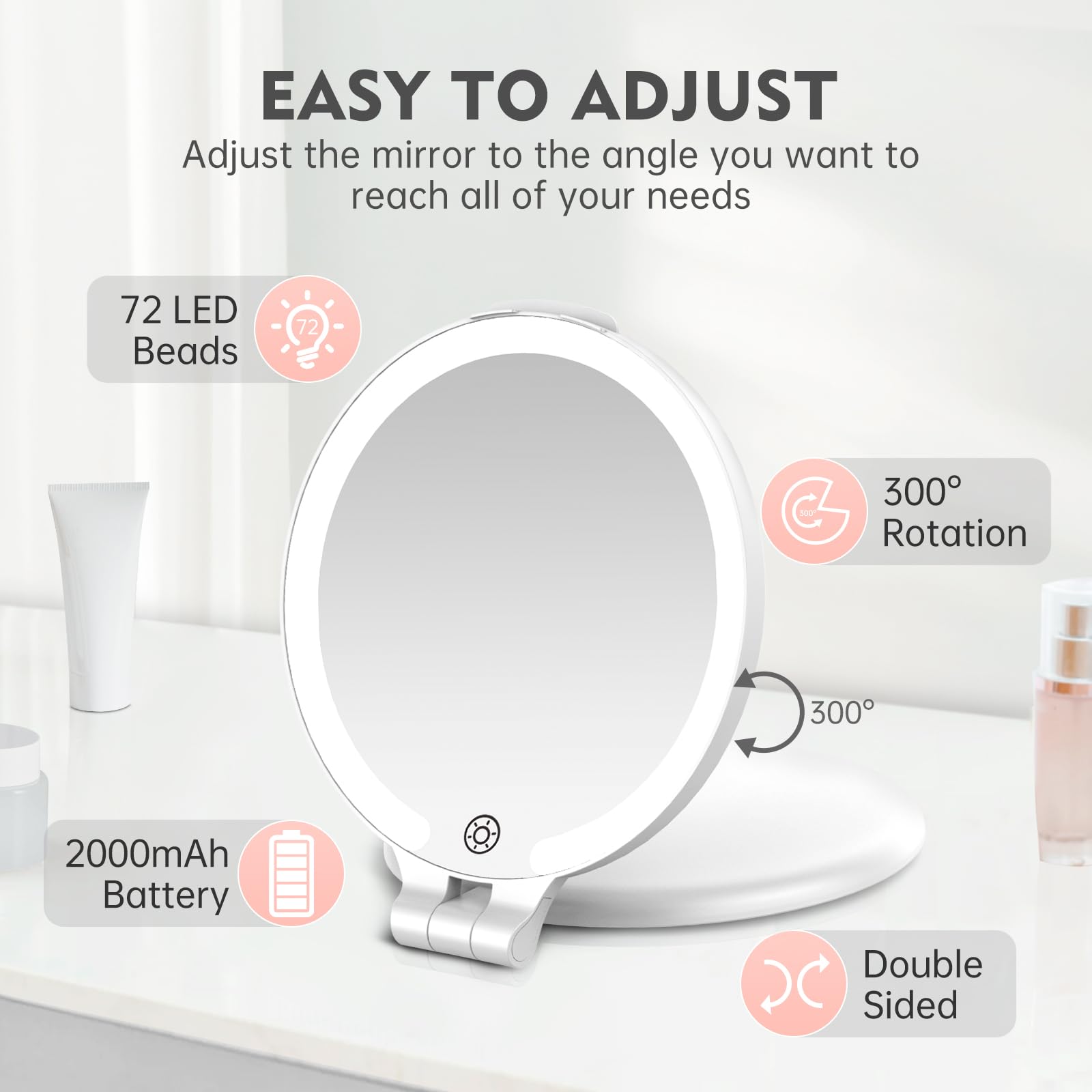 FUNTOUCH 7'' Travel Makeup Mirror with Lights 10X Magnifying, 3 Color Portable Double Side Vanity Mirror with Rechargeable for T