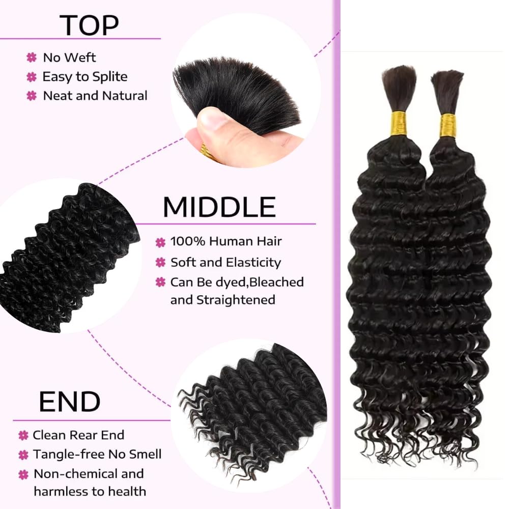 Human Braiding Hair 20 Inch 100g/Pack(2 Bundles) Deep Wave Bulk Human Hair 100% Unprocessed Virgin Human Hair Extensions No Weft