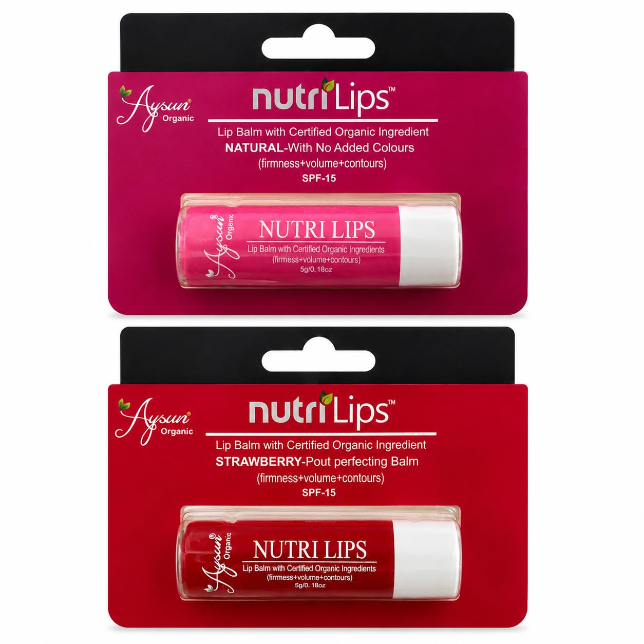 Aysun Organic Nutri Lips Natural & Strawberry Lip Balm Combo Pack, Certified Organic Ingredients, Spf 15 Uv Protection, Deep Moi