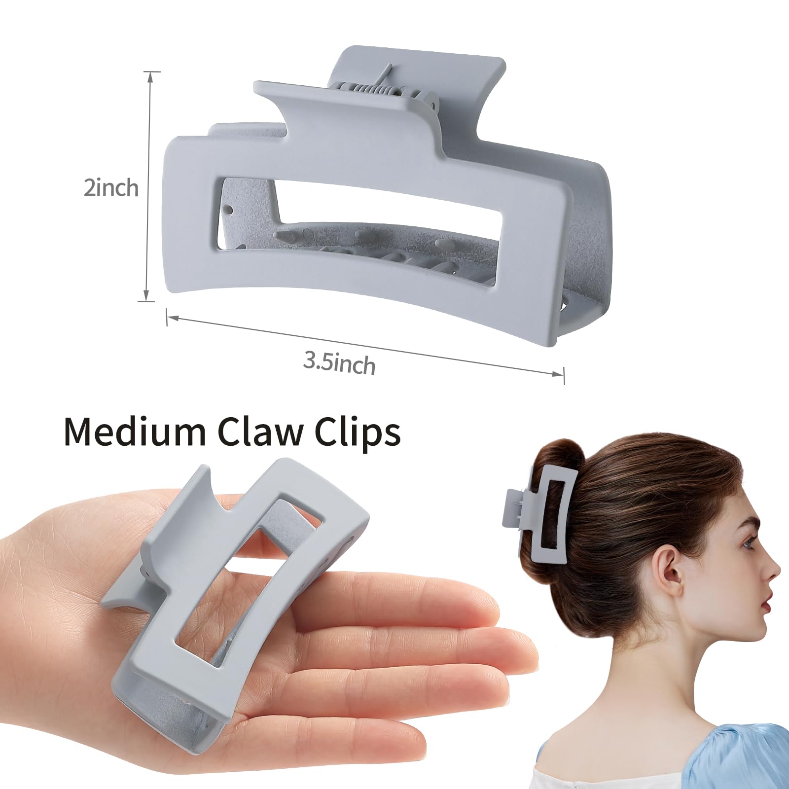 Sisiaipu 3.5 Inch Medium Hair Claw Clips 6 Pack Grey Blue Hair Clips for Women Square Claw Clips Rectangle Clips for Hair Banana
