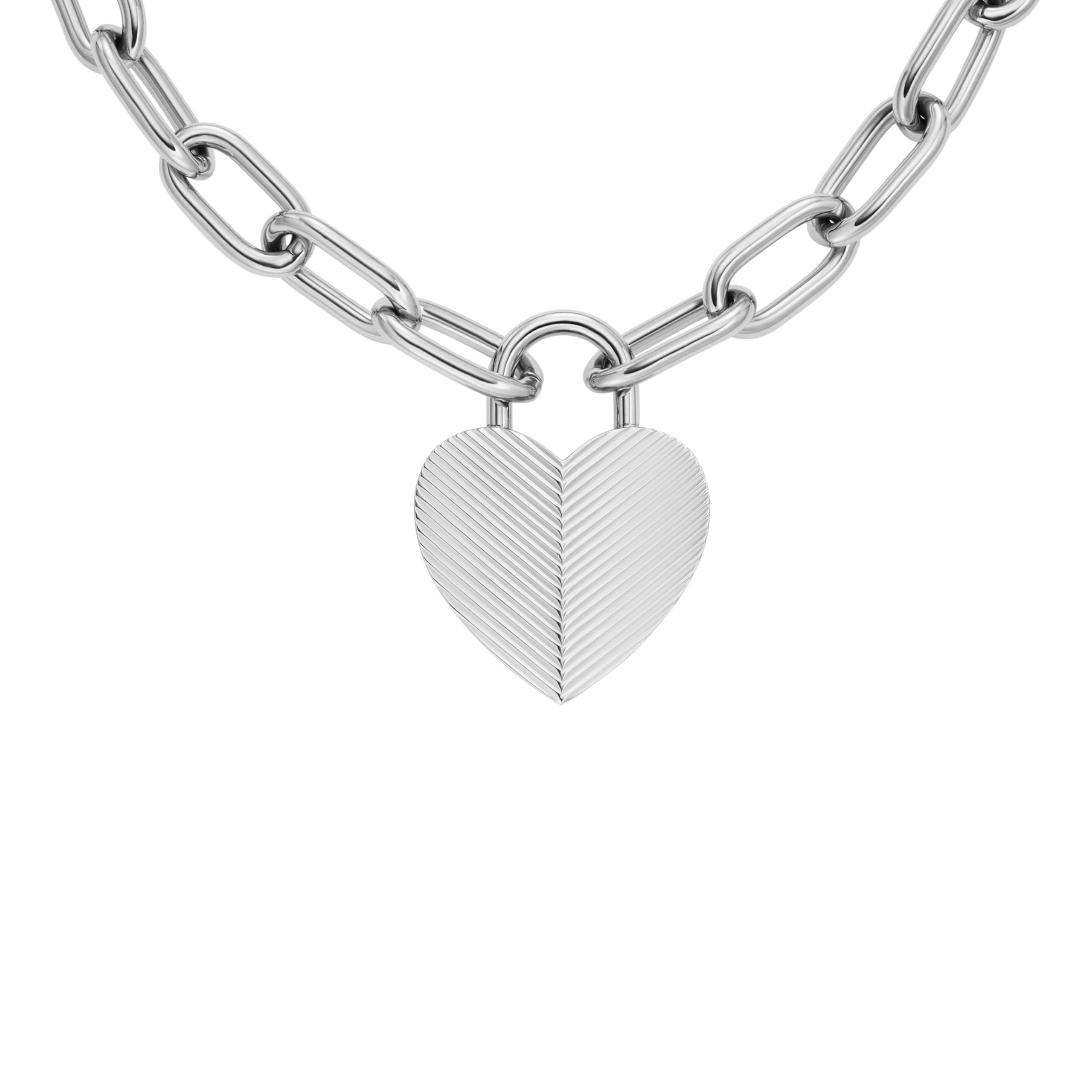 Fossil Women's Harlow Linear Texture Heart Stainless Steel Pendant Necklace, Color: Silver (Model: JF04657040)