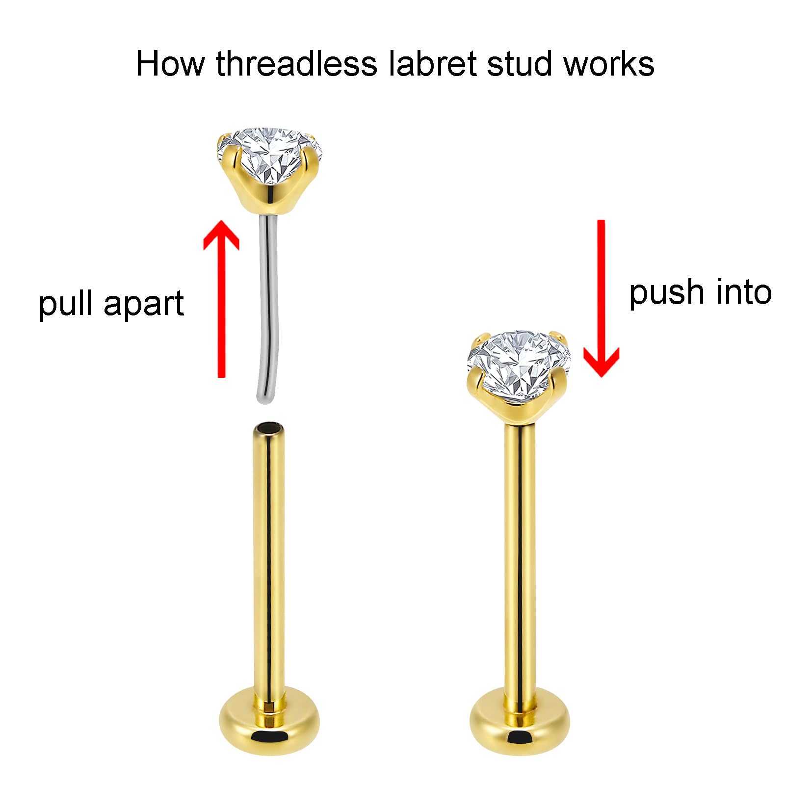 NewkeepsR 2PCS-1.0mm(18g) Titanium Gold Plated Press Fit Threadless Push Pop In Labret Lip Monroe Tragus Small Flatback Earring