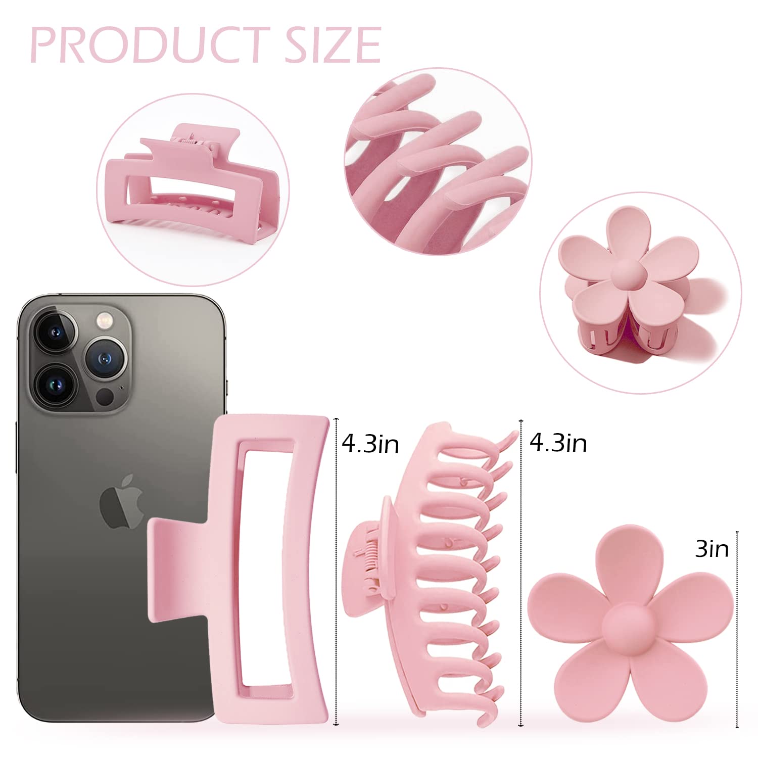 Large Hair Claw Clips 12 Pack 4.3 Inch Rectangle Hair Claw Clips Flower Hair Clips For Women Thick Hair, Big Hair Clips Matte Ha