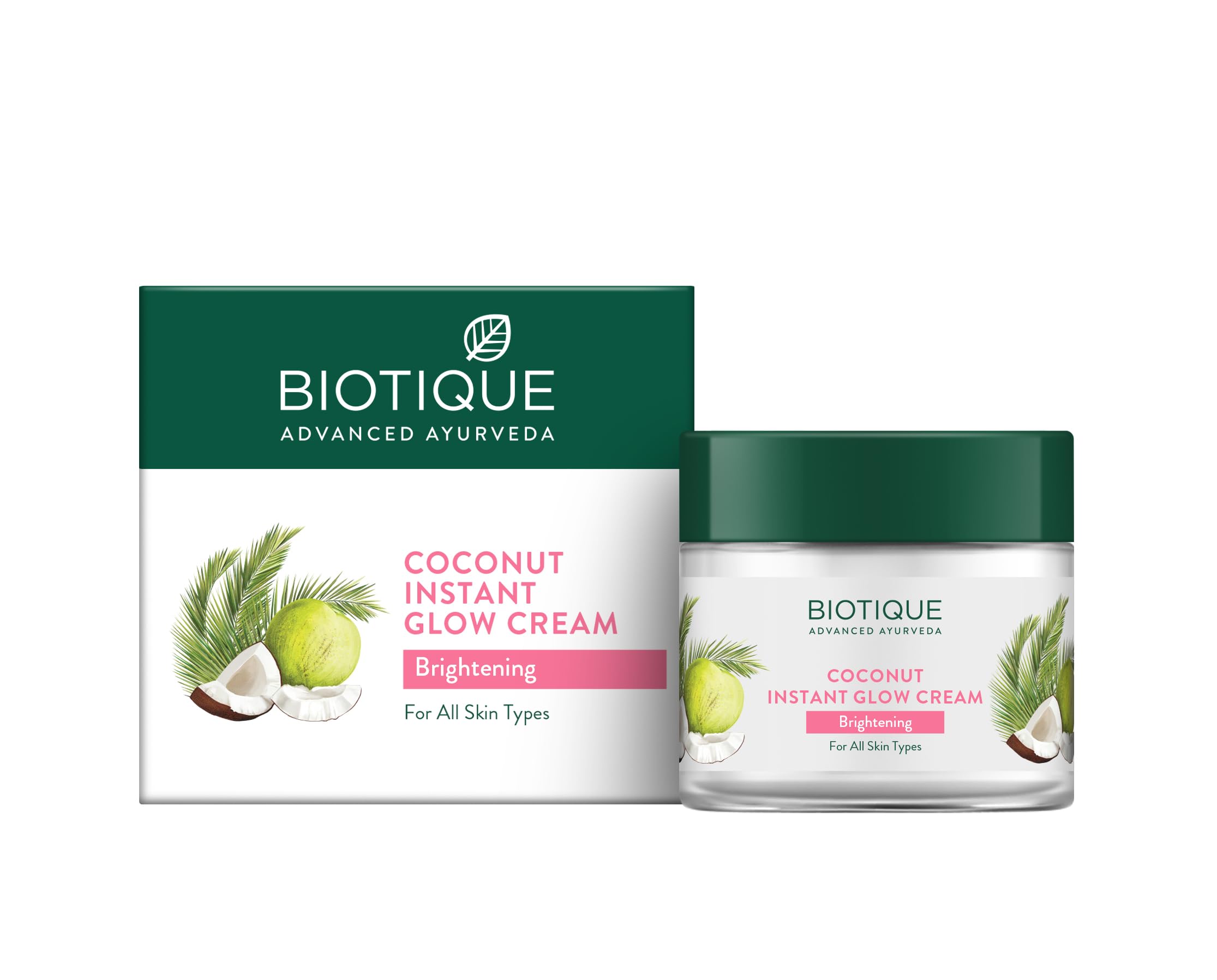 Biotique Coconut Brightening Instant Glow Cream | Lightweight And Non-Greasy | Reduces Dark Spots And Protects Ageing | Nourishe