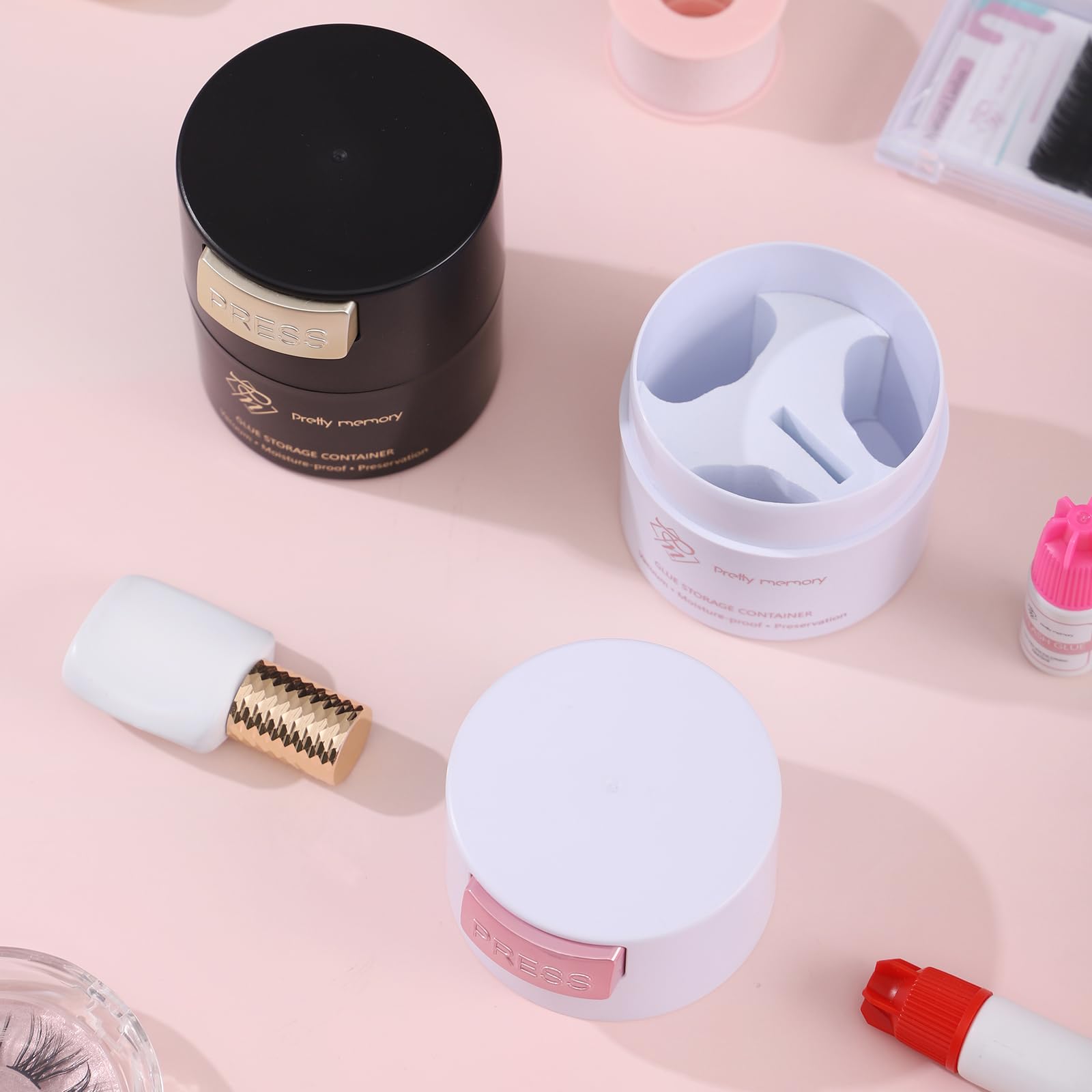 Pretty Memory Lash Glue Container Eyelash Extension Glue Storage Airtight Adhesive Holder Sealed Leak-Proof Lash Tech Supplies,