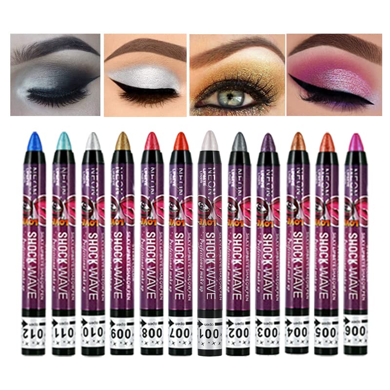 Meicoly 12 Pcs Eyeshadow Stick,Cream Smokey Eyeshadow Metallic Shimmer Crayon,Silver Eye Brightener Stick,Pro Waterproof & Long
