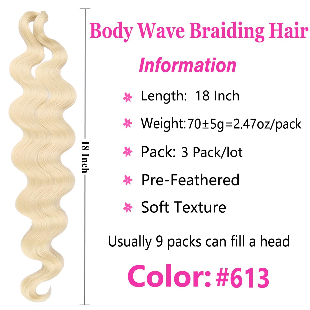 Cookoo 3 Packs Body Wave Braiding Hair 18 Inch Pre-Feathered French Curl Wavy Braiding Hair Premium Bouncy Wavy Texture Braiding
