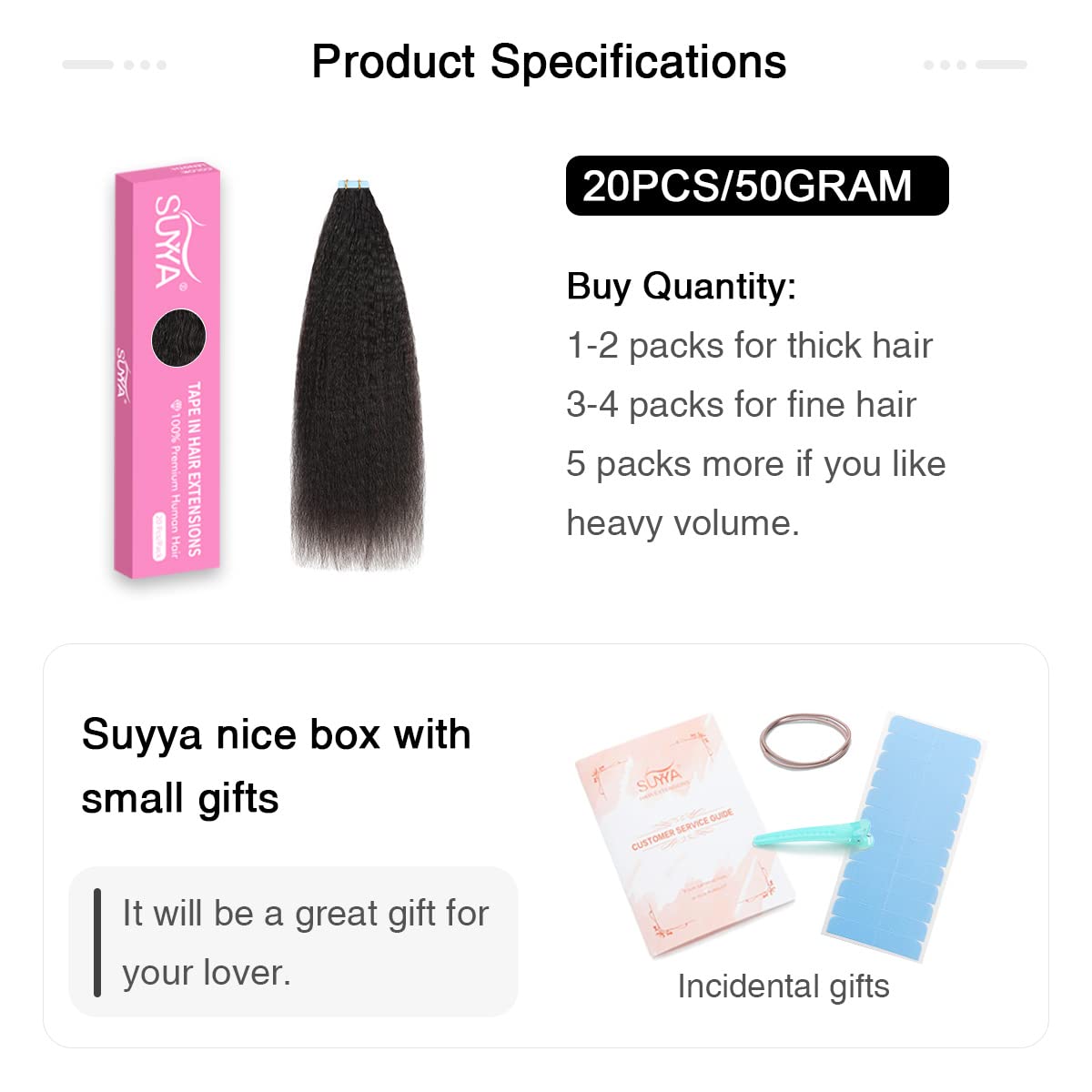 Suyya Kinky Straight Tape In Extensions Natural Black Tape In Hair Extensions Human Hair Kinky Straight 18 Inch Skin Weft 50G/Pa